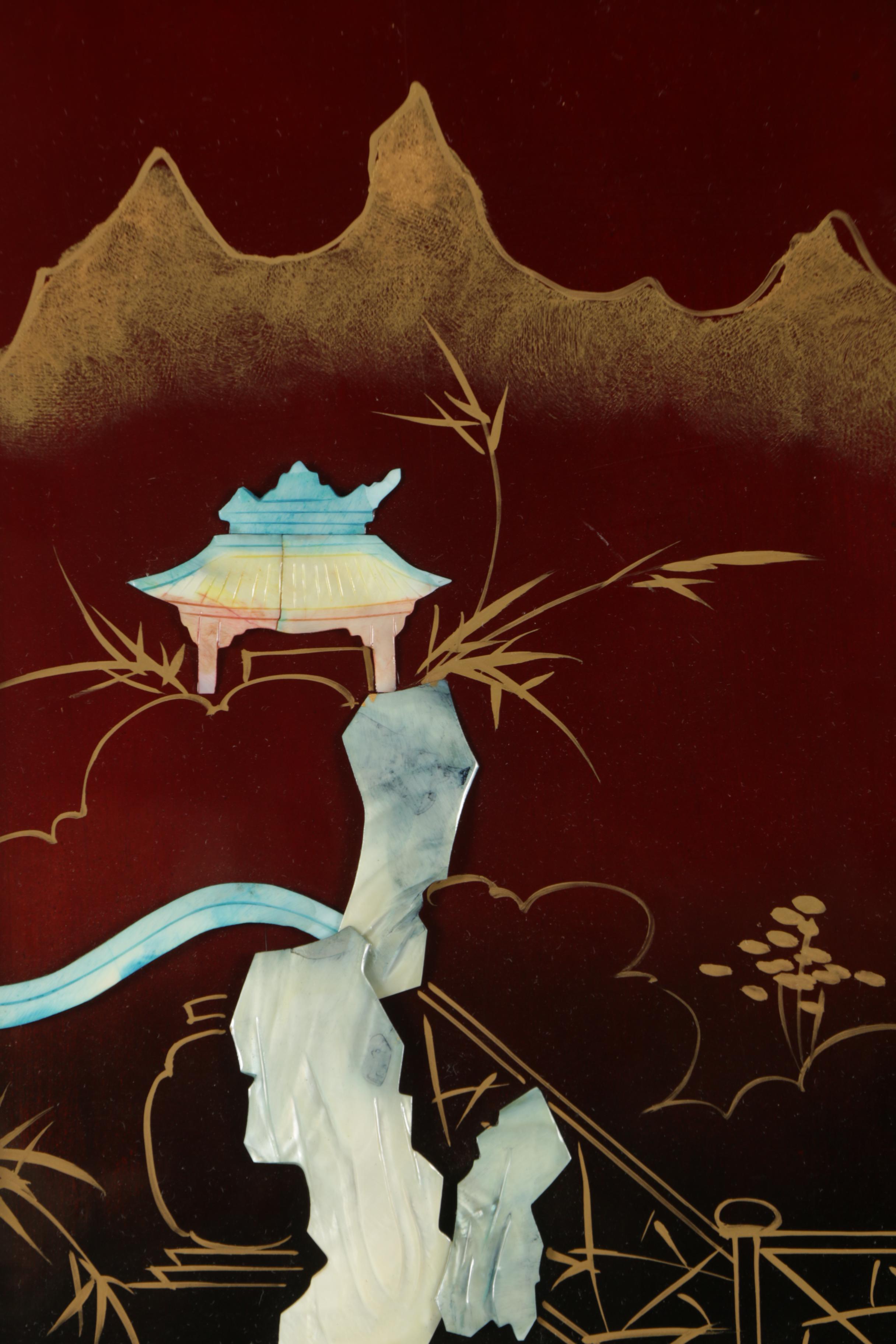 East Asian Style Lacquer Panels with Inlaid Shell and Resin