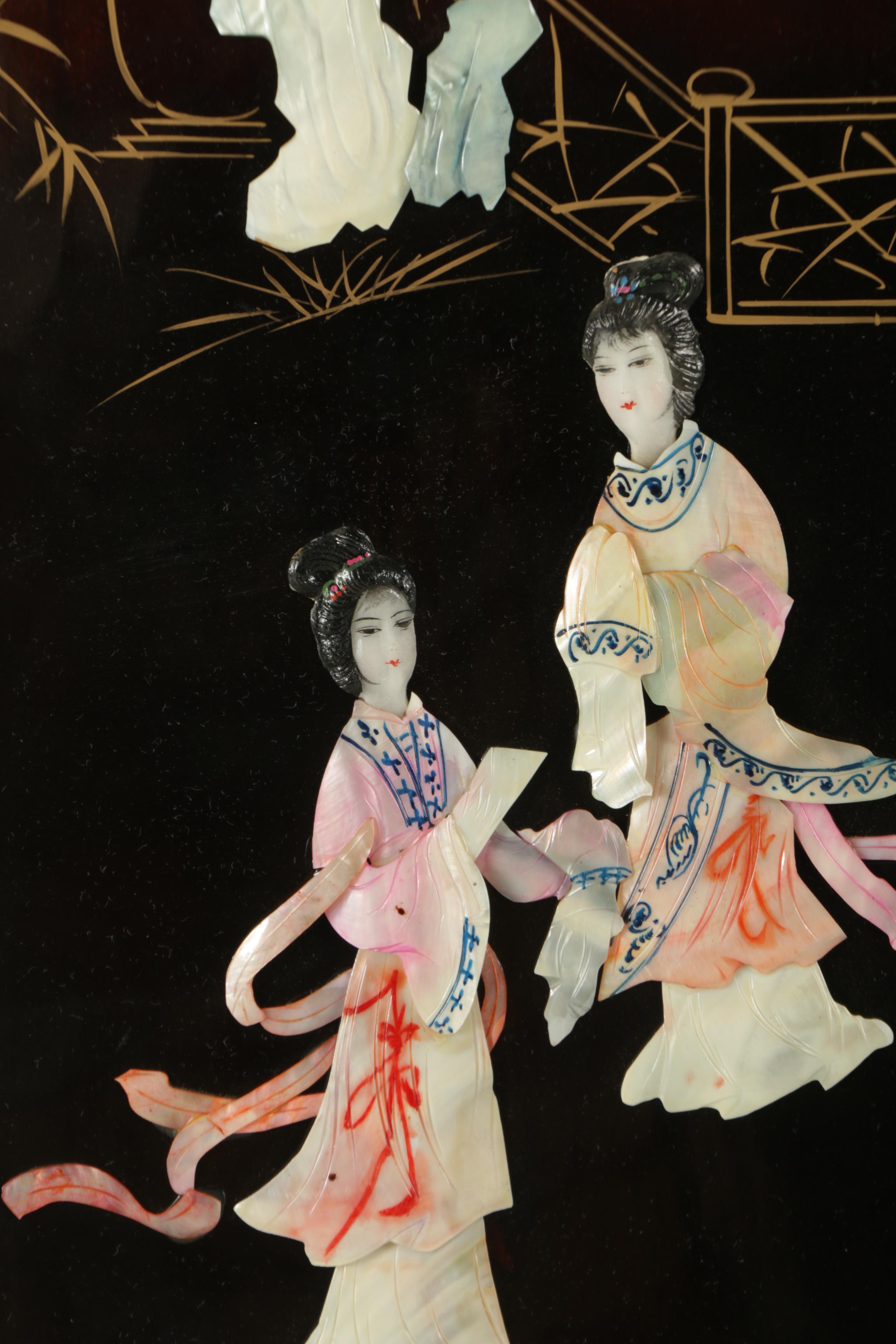 East Asian Style Lacquer Panels with Inlaid Shell and Resin