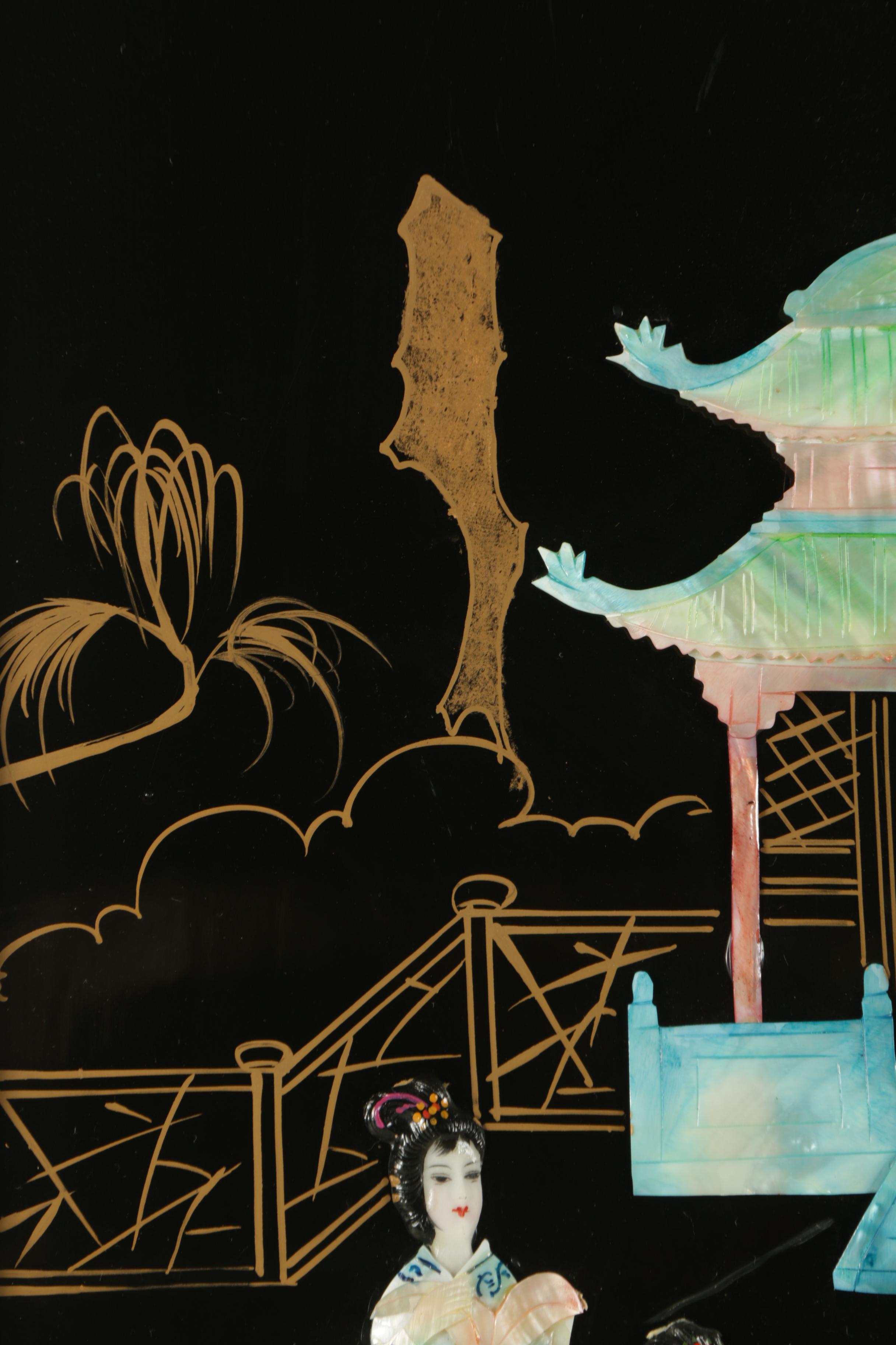 East Asian Style Lacquer Panels with Inlaid Shell and Resin