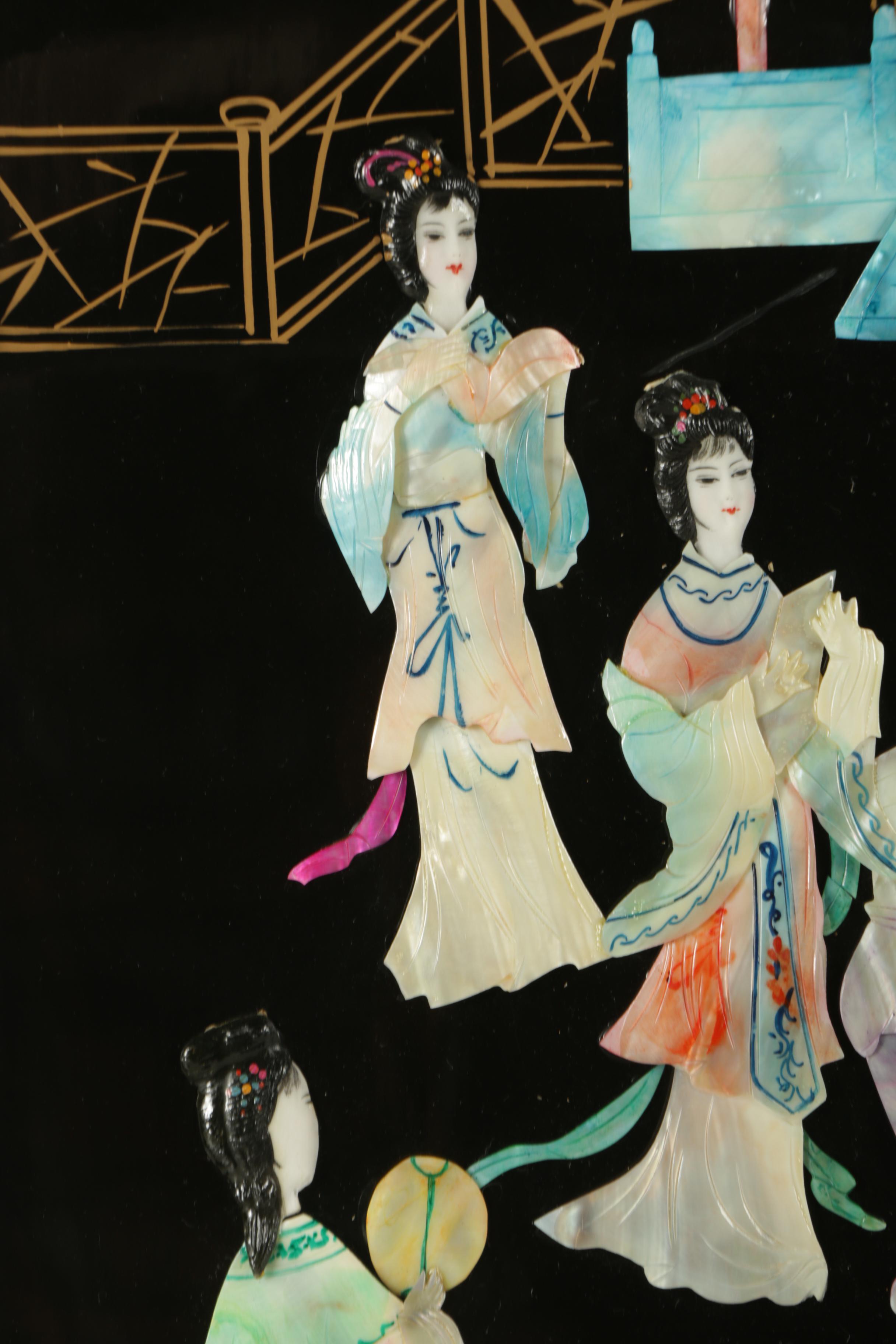 East Asian Style Lacquer Panels with Inlaid Shell and Resin