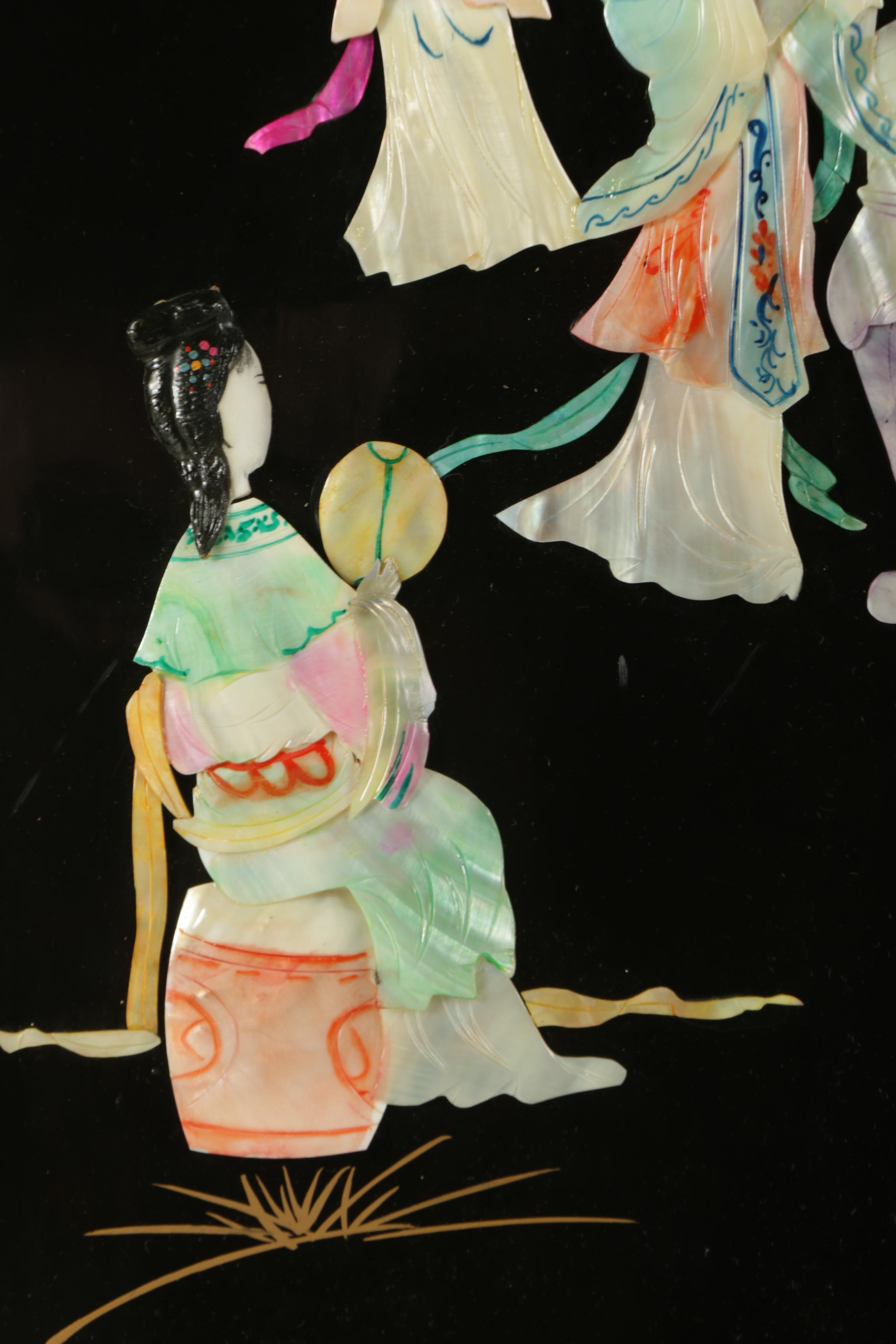 East Asian Style Lacquer Panels with Inlaid Shell and Resin