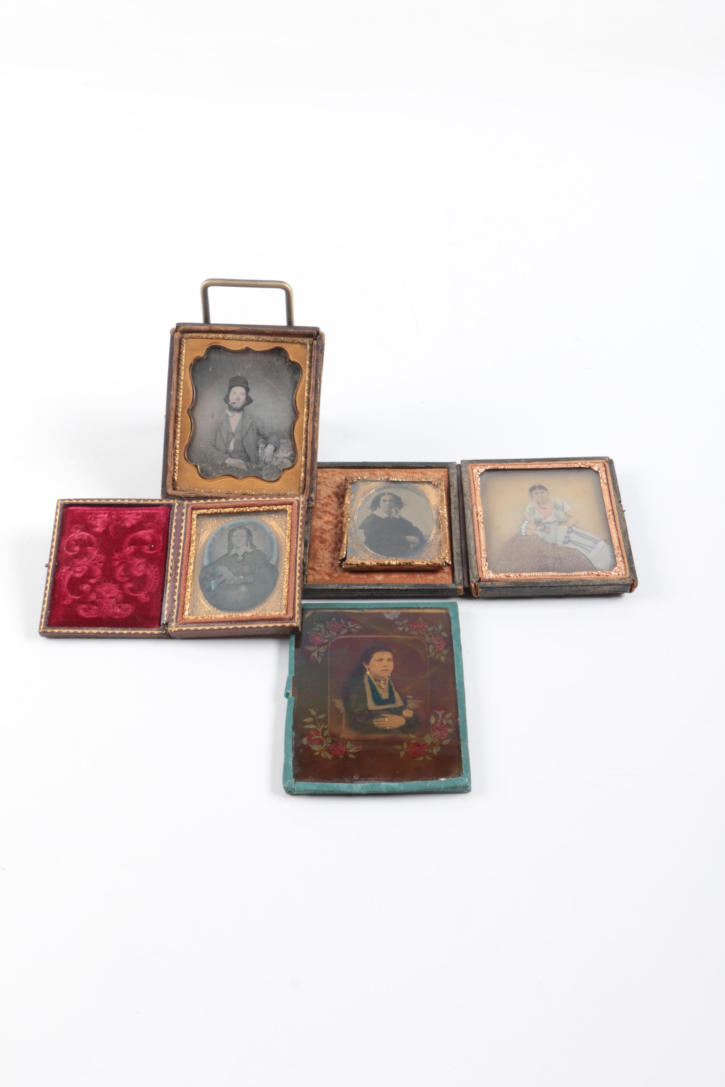 Antique Daguerreotypes In Cases Including Hand-Painted Postmortem Portrait