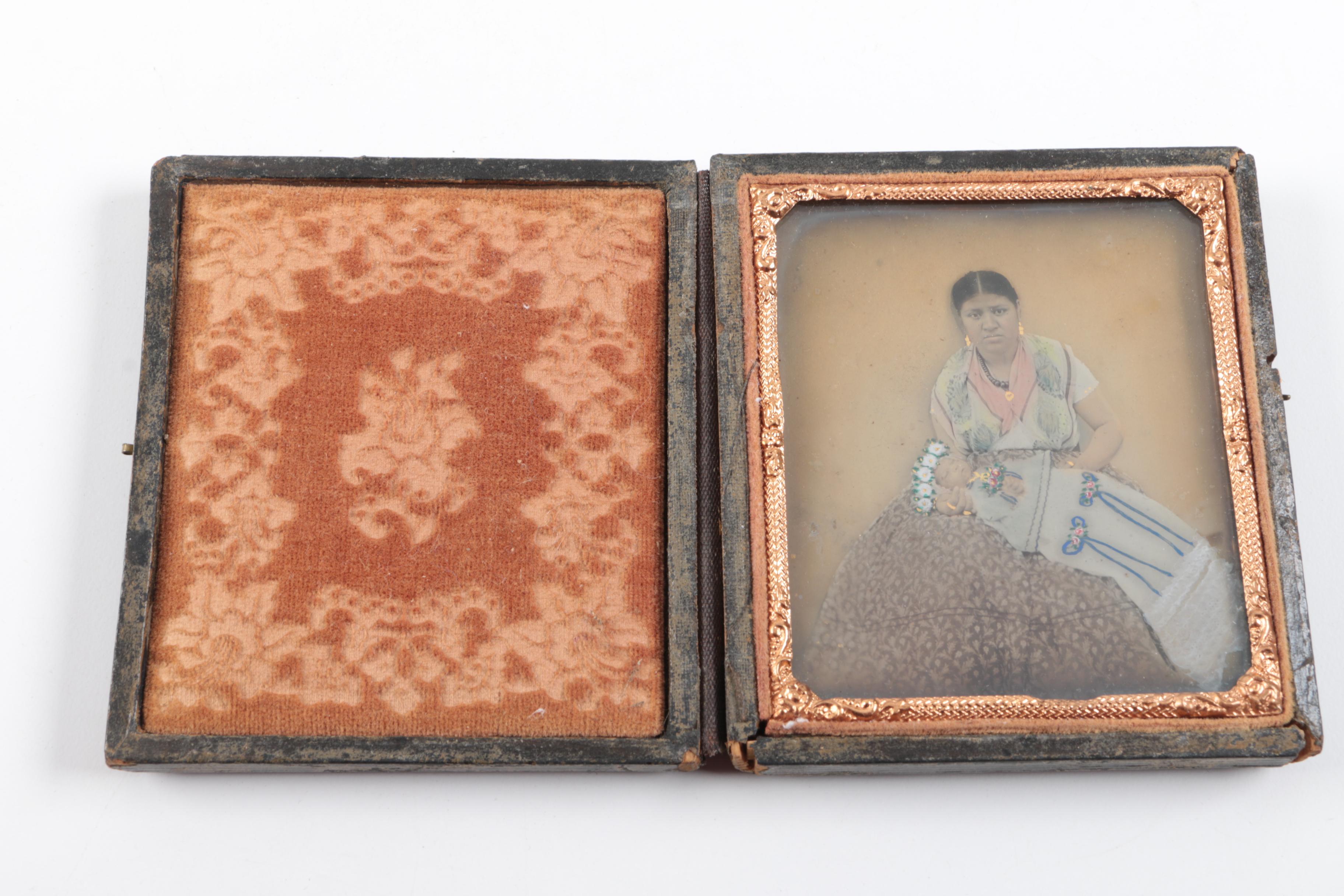 Antique Daguerreotypes In Cases Including Hand-Painted Postmortem Portrait