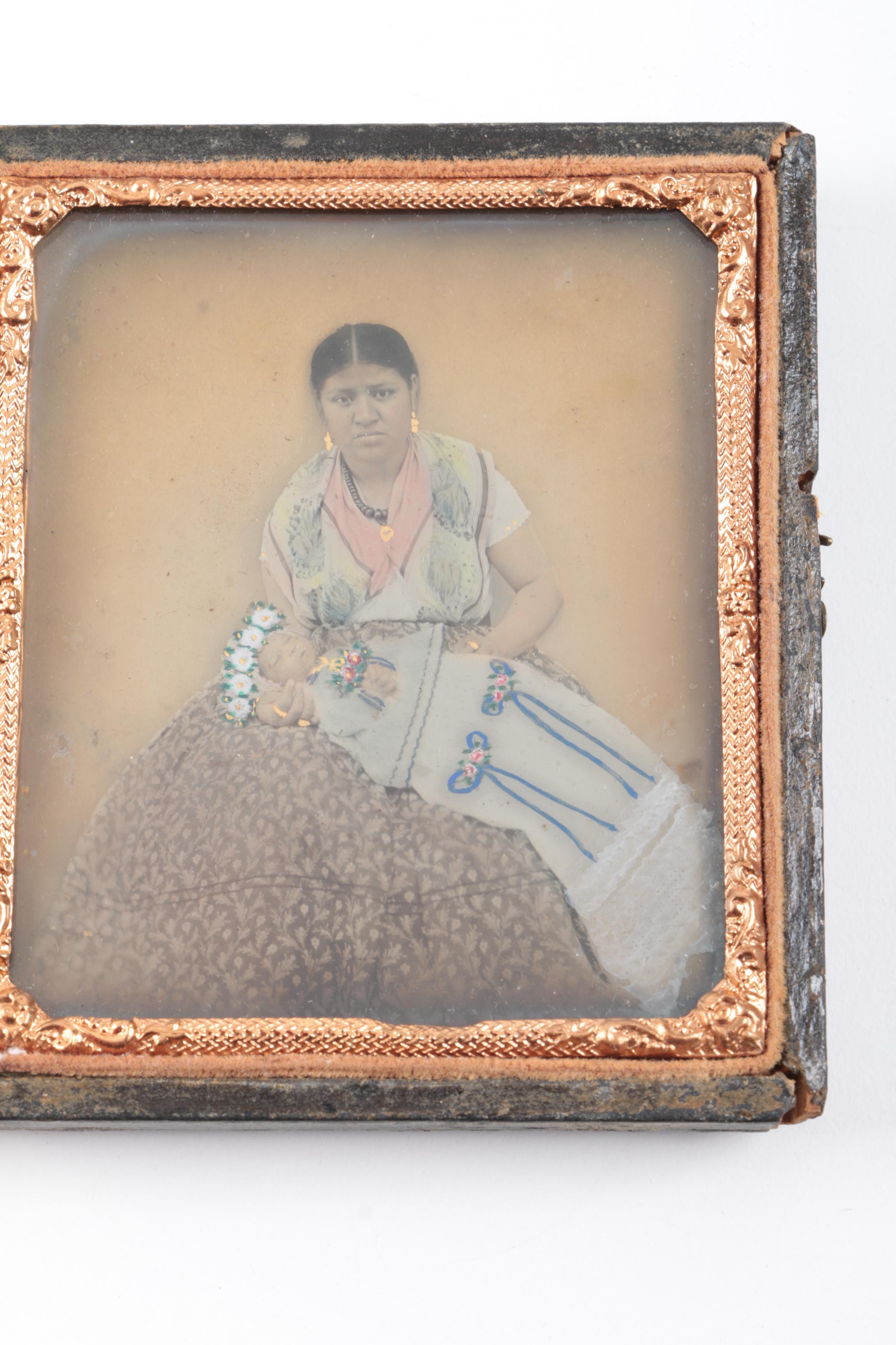 Antique Daguerreotypes In Cases Including Hand-Painted Postmortem Portrait