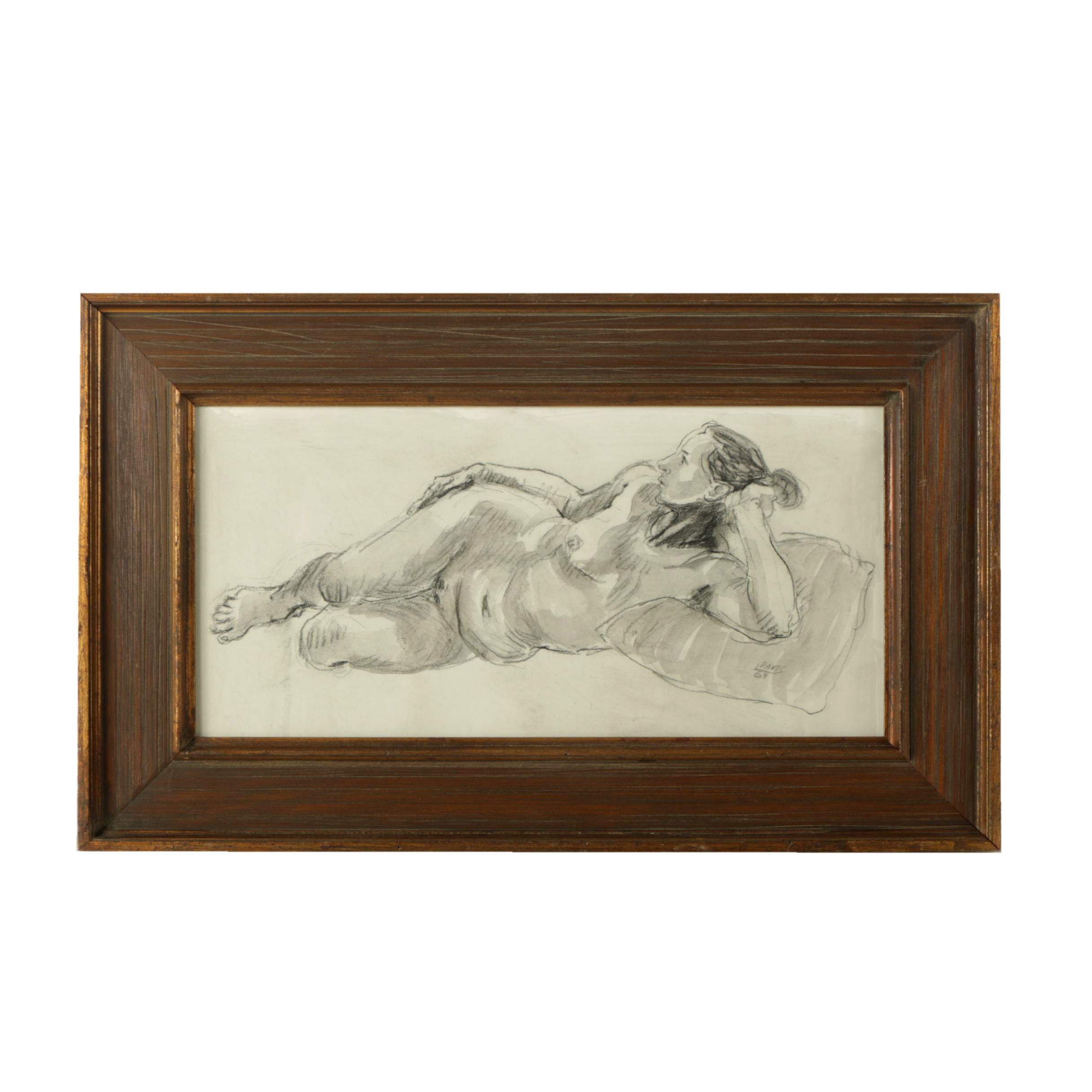 1963 Lois Davis Mixed Media Drawing of Nude Woman