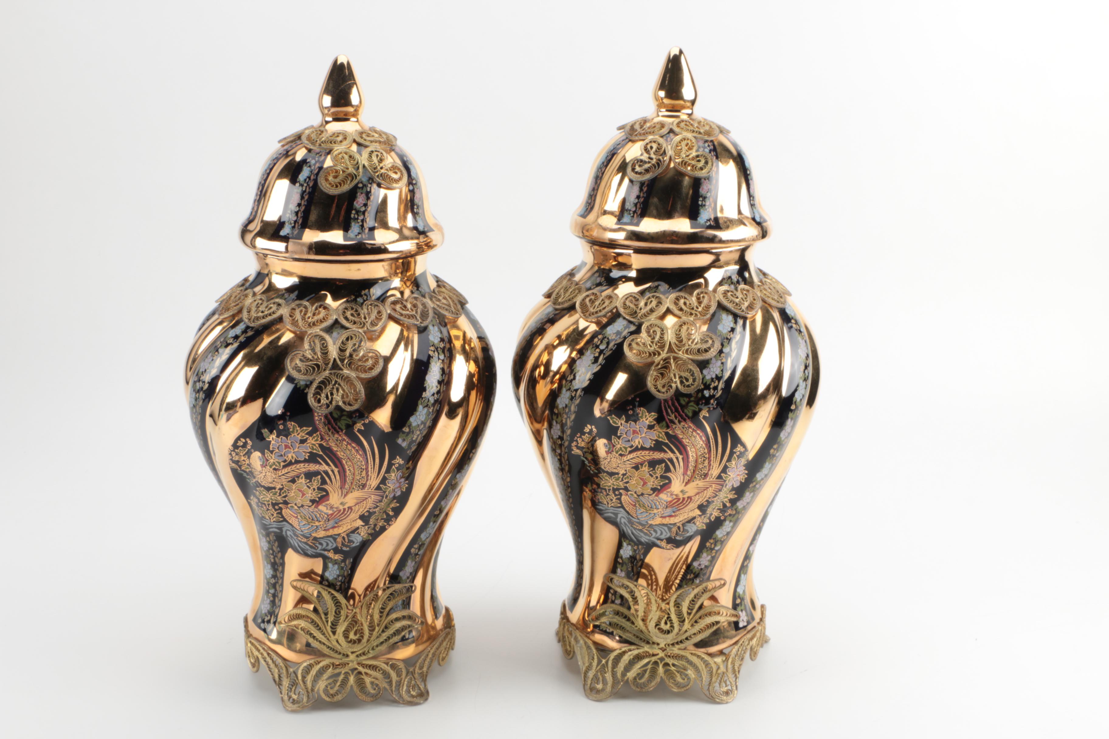 Vintage Hand-Painted Turkish Ceramic Urns