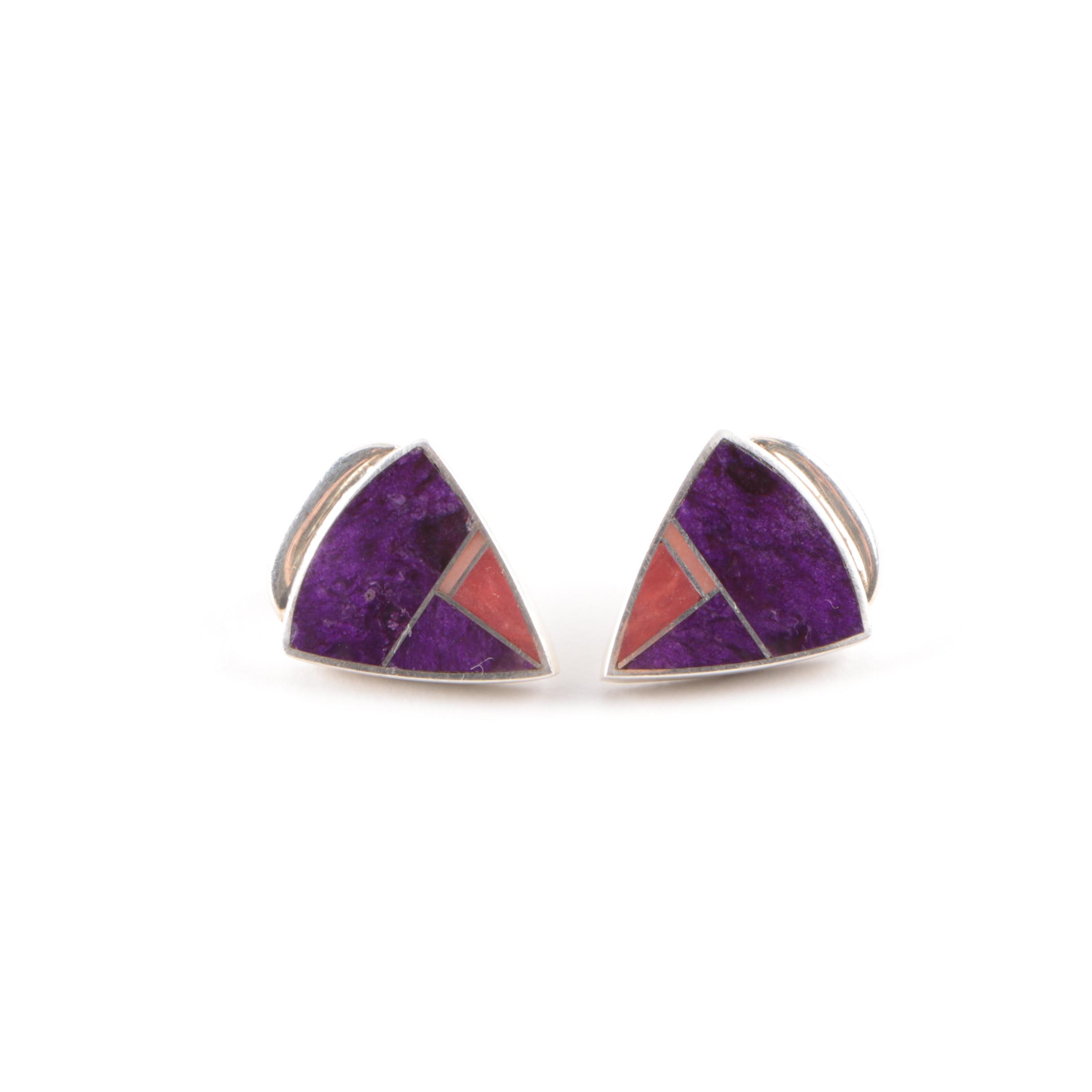 Ray Tracey Sterling Silver Spiny Oyser Shell and Sugilite Earrings