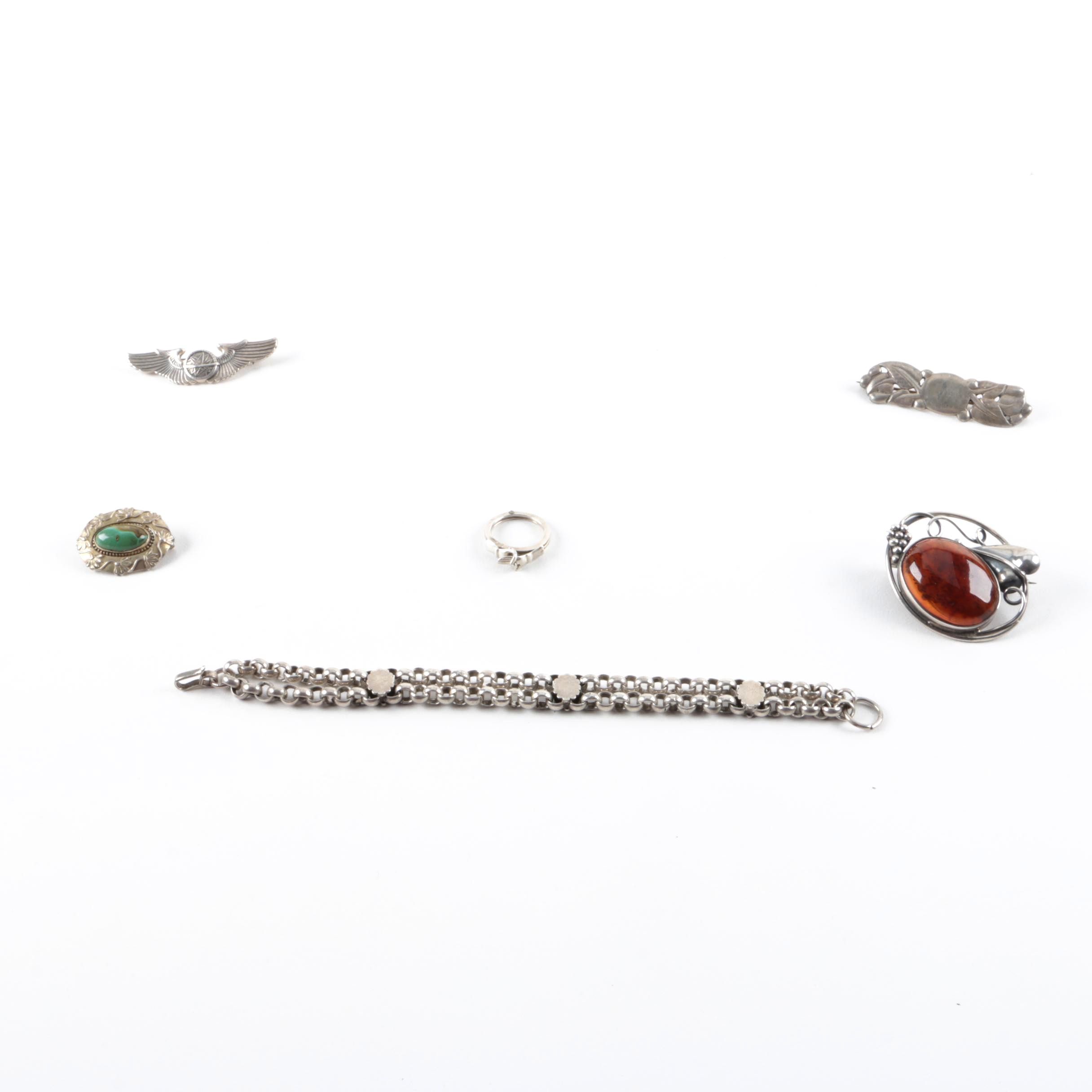 Selection of Sterling Silver Jewelry Including Turquoise and Amber