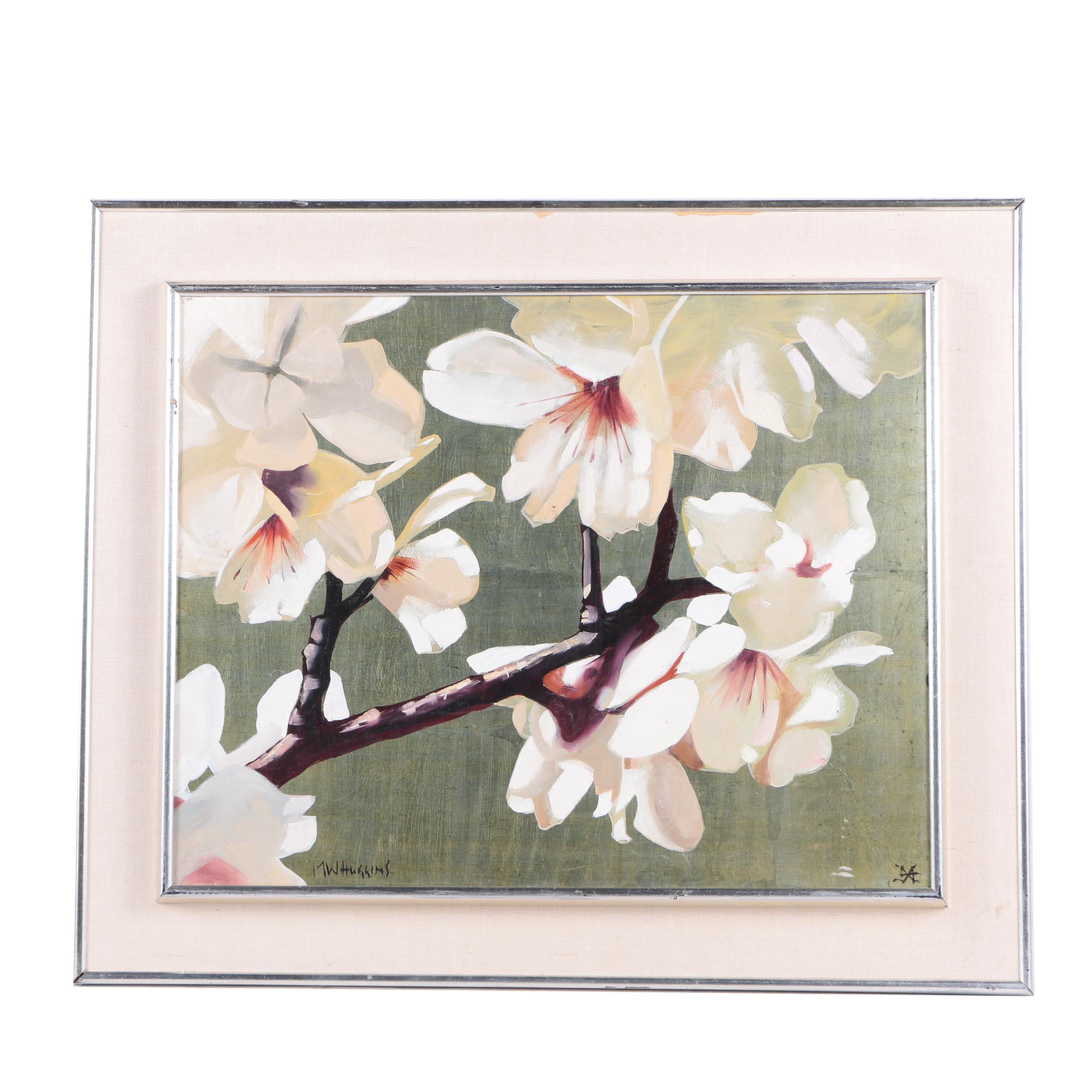M.W. Huggins Oil Painting of a Flowering Branch "White Blossoms"