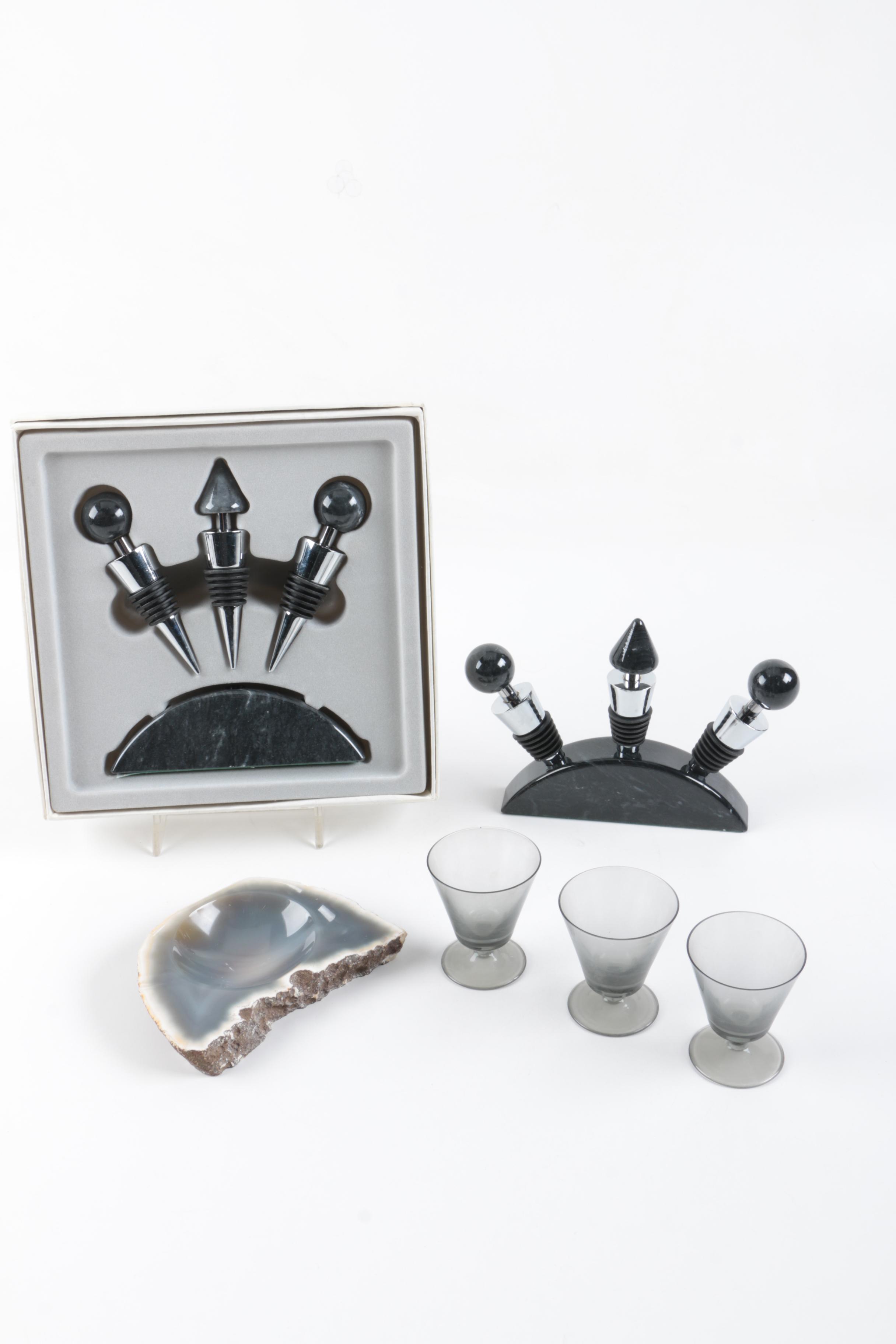 Bottle Stoppers, Glassware, and Stone Ash Receiver