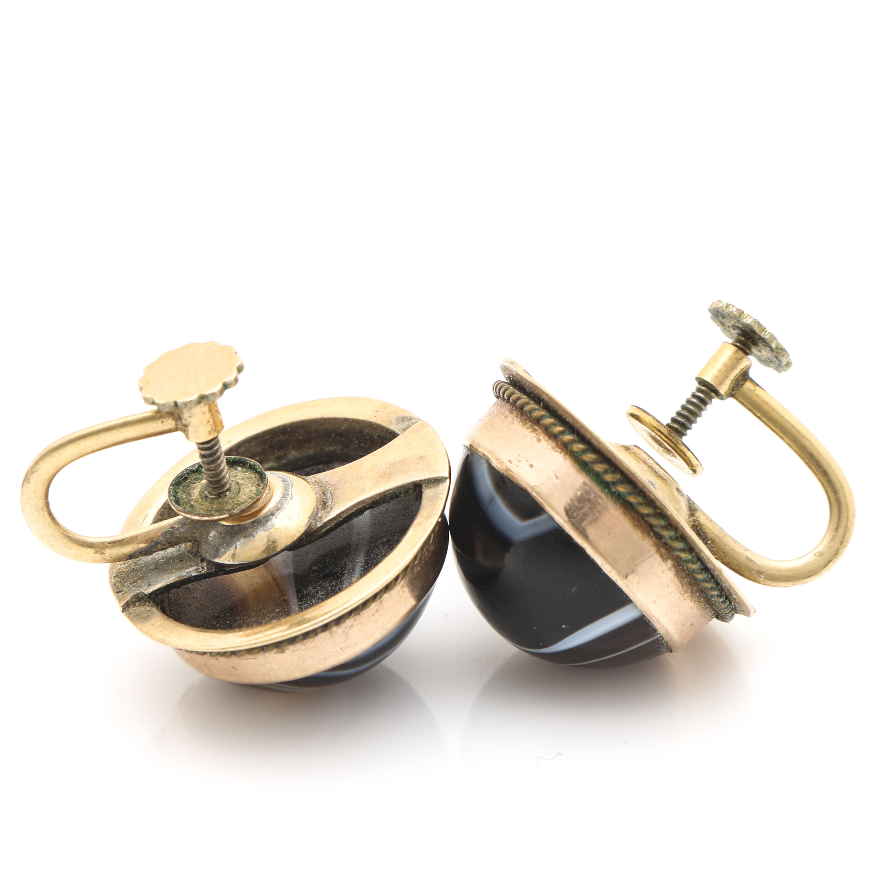 Vintage 10K Yellow Gold Agate Earrings and Pin