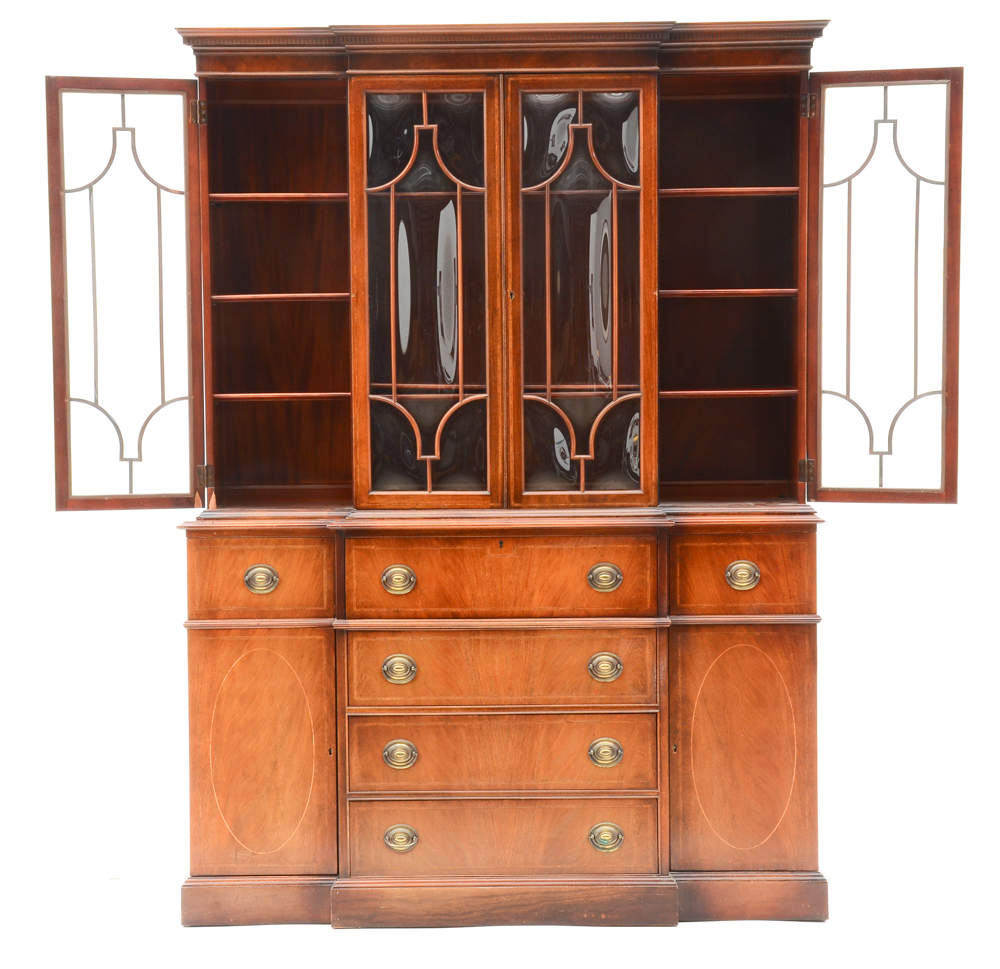Vintage Mahogany Breakfront Bubble Glass China Cabinet