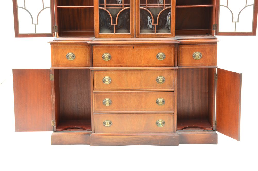 Vintage Mahogany Breakfront Bubble Glass China Cabinet