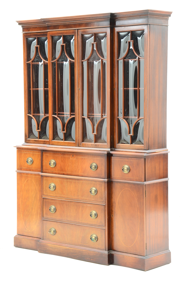 Vintage Mahogany Breakfront Bubble Glass China Cabinet