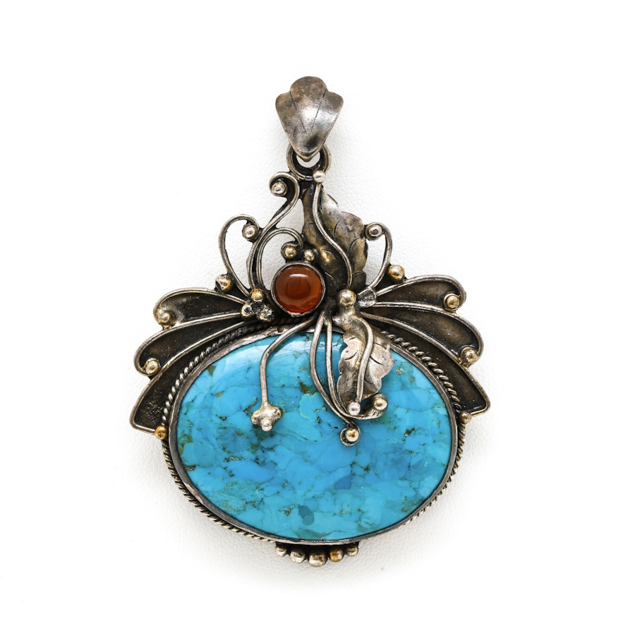 Sterling Silver Turquoise and Amber Pendant