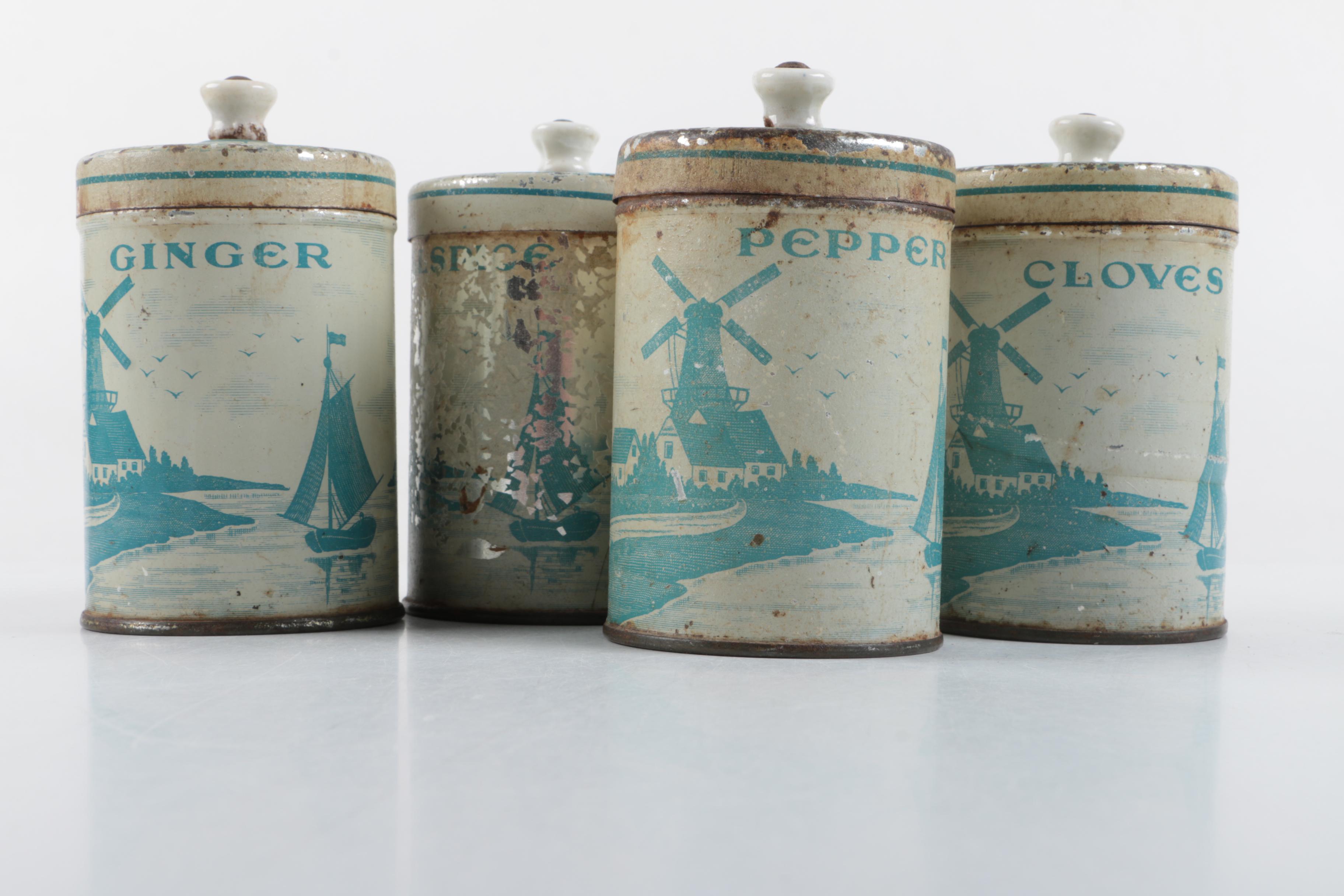 Vintage Tin Canisters with Windmill and Sailboat Design