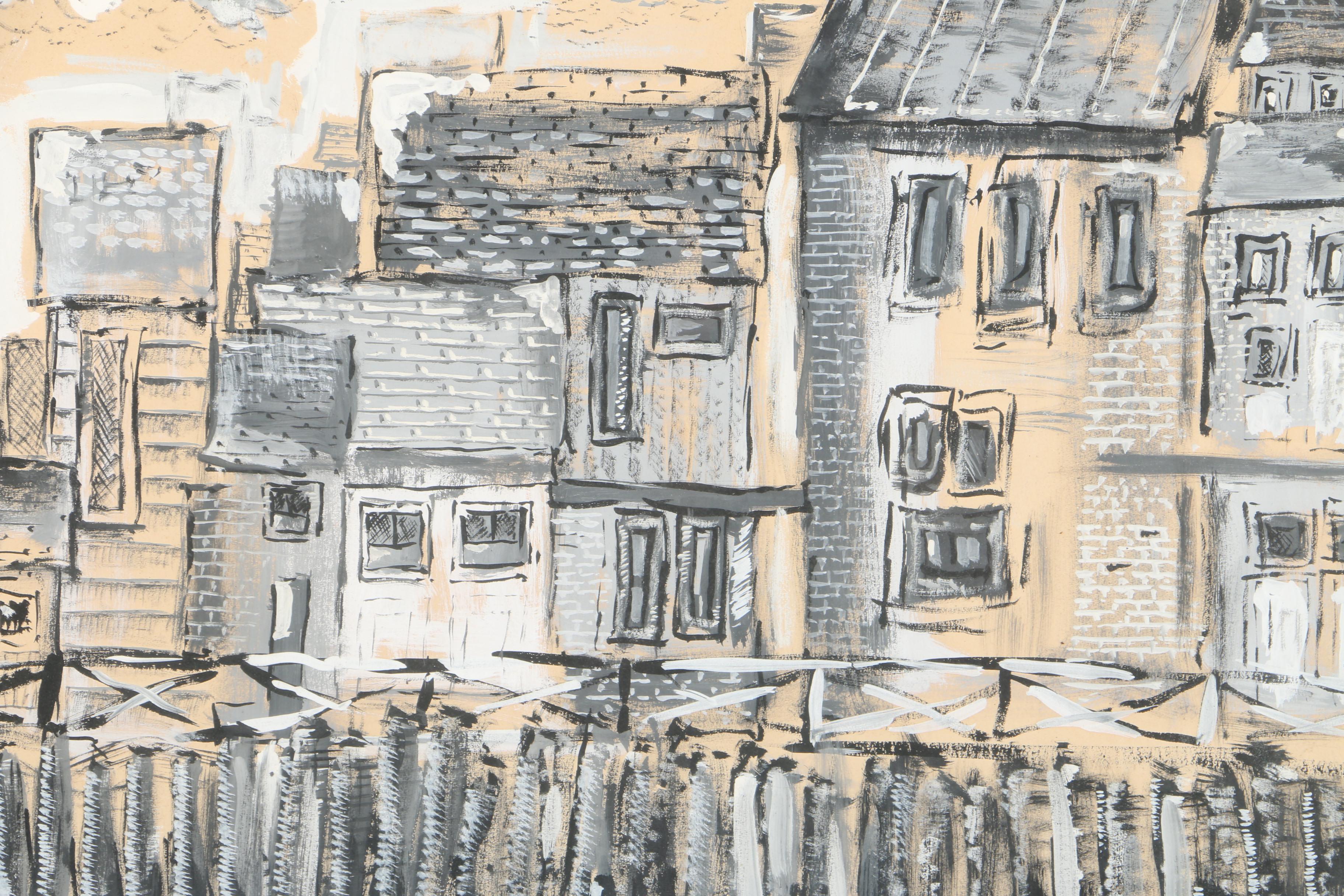Gouache Painting on Paper of a Cityscape