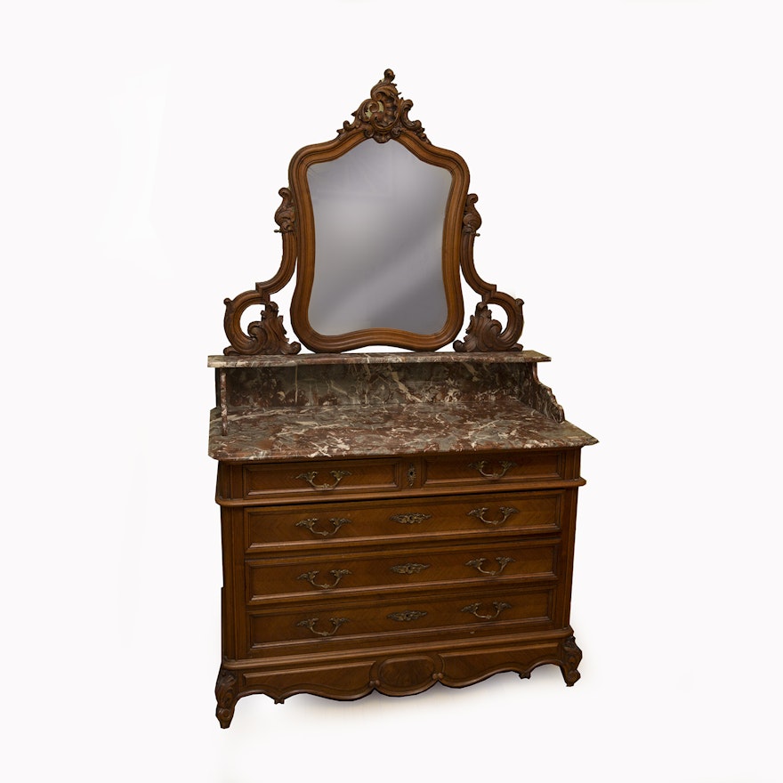 Antique French Louis XV Style Marble Top Dresser with Mirror