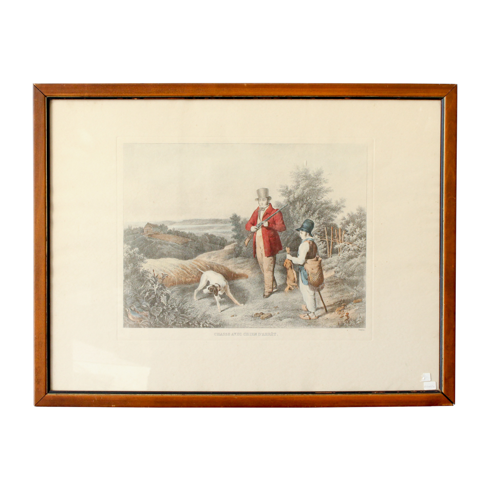 Engraving on Paper of Hunting Scene "Chasse avec Chien d'Arrêt"