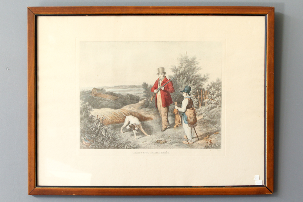 Engraving on Paper of Hunting Scene "Chasse avec Chien d'Arrêt"