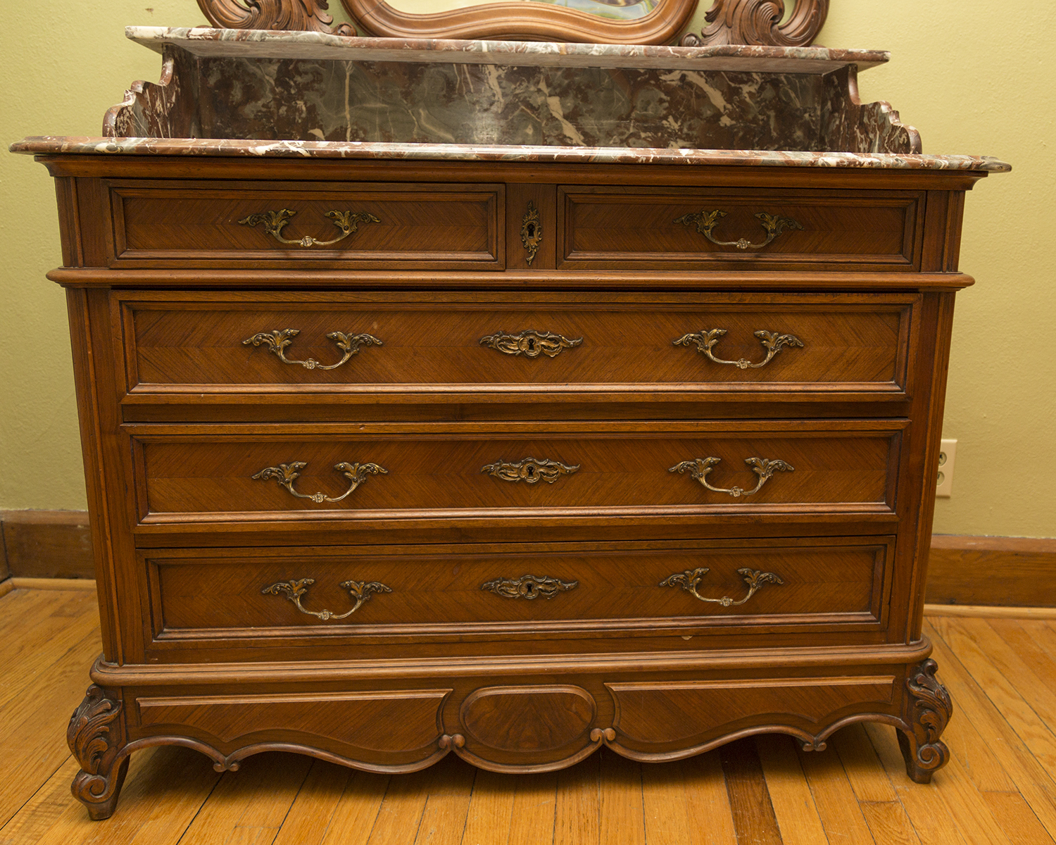 Antique French Louis XV Style Marble Top Dresser with Mirror