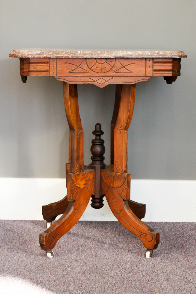 Antique Eastlake Walnut and Marble Parlor Table