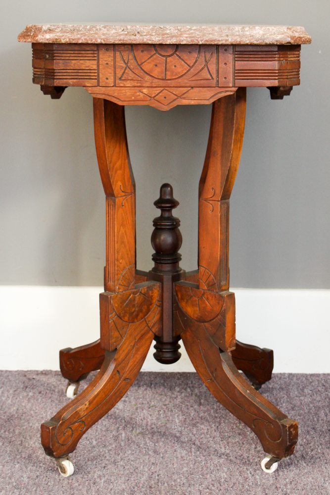 Antique Eastlake Walnut and Marble Parlor Table