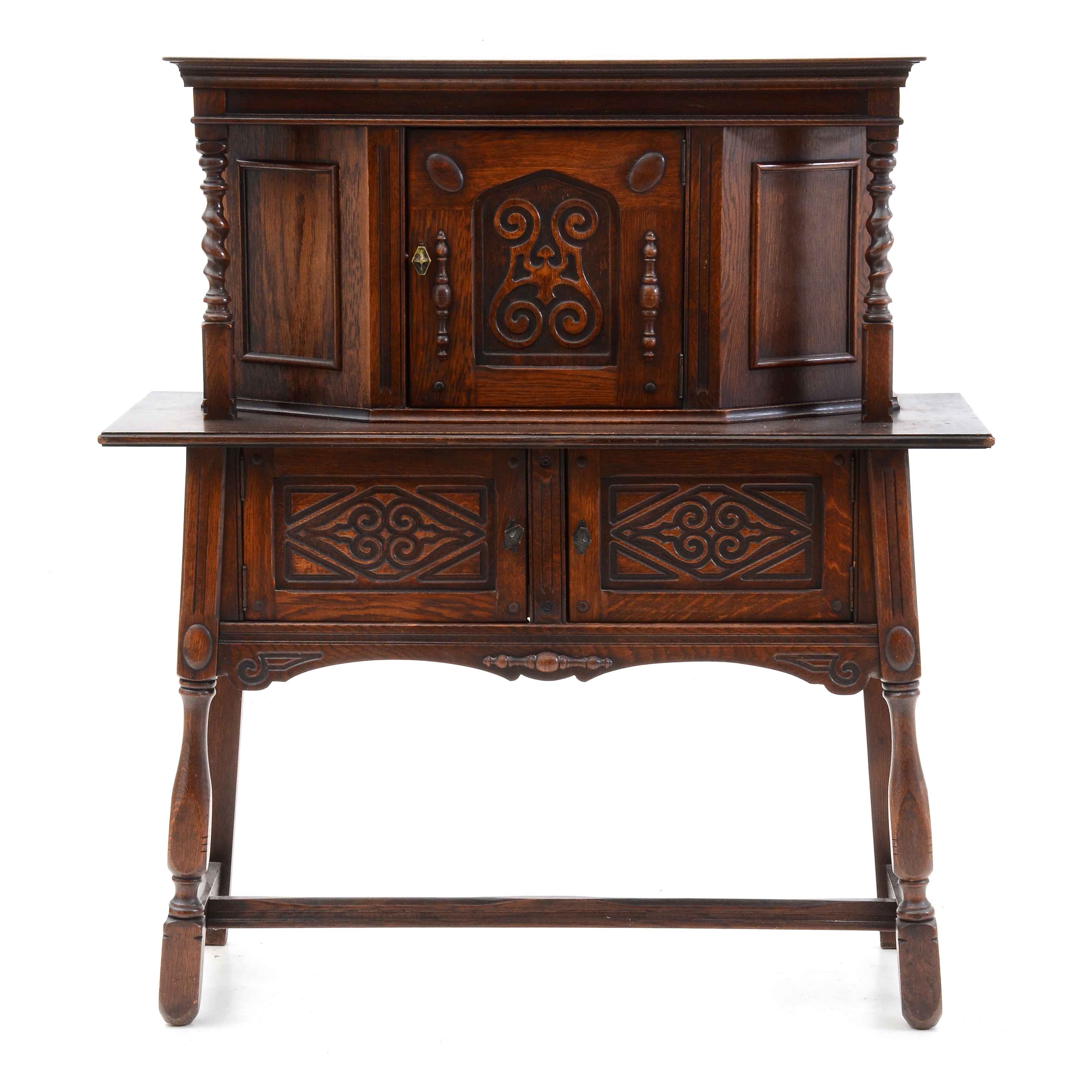 1920s Jacobean Revival Oak China Cabinet by Cochran Chair Co