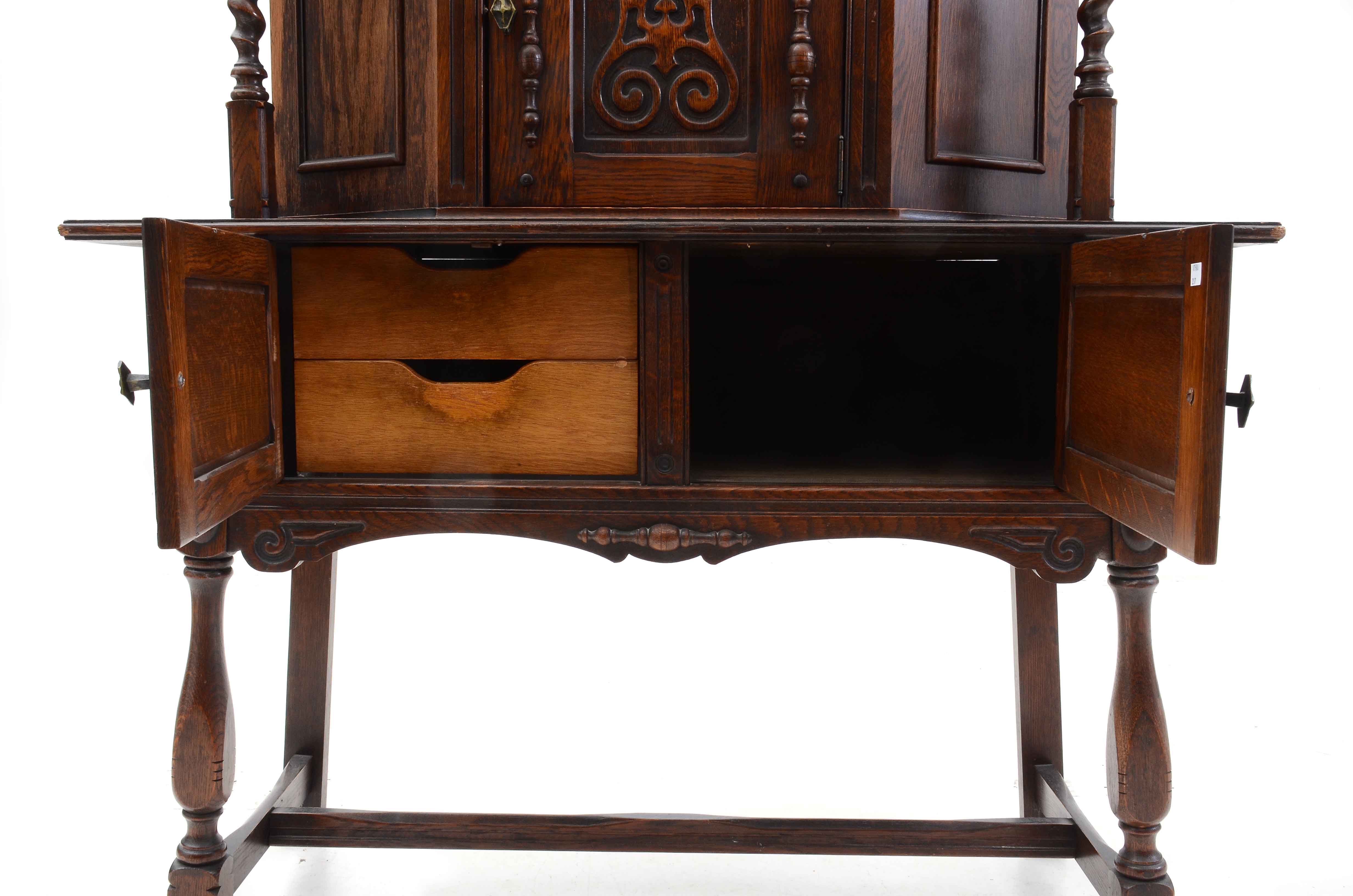 1920s Jacobean Revival Oak China Cabinet by Cochran Chair Co