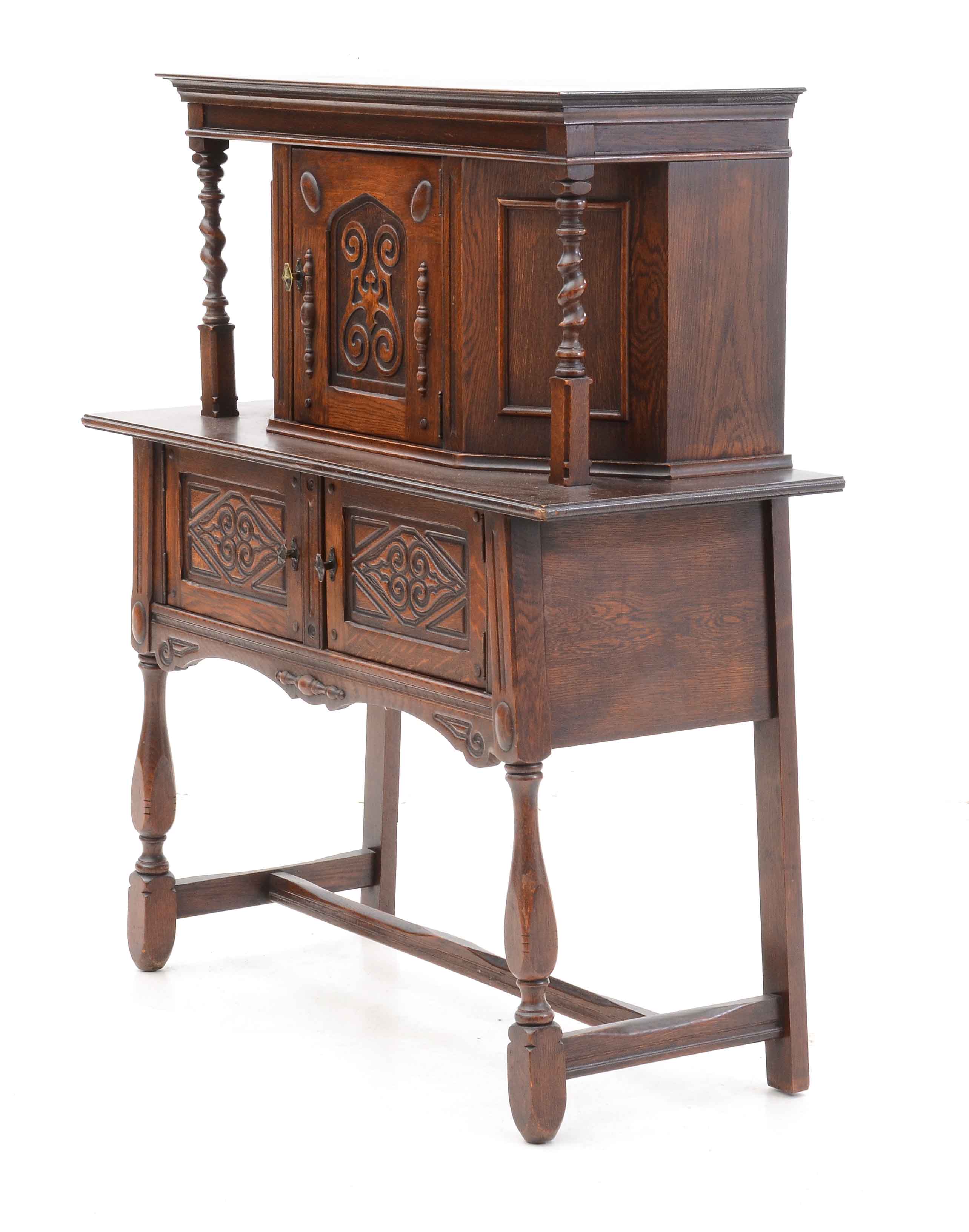 1920s Jacobean Revival Oak China Cabinet by Cochran Chair Co