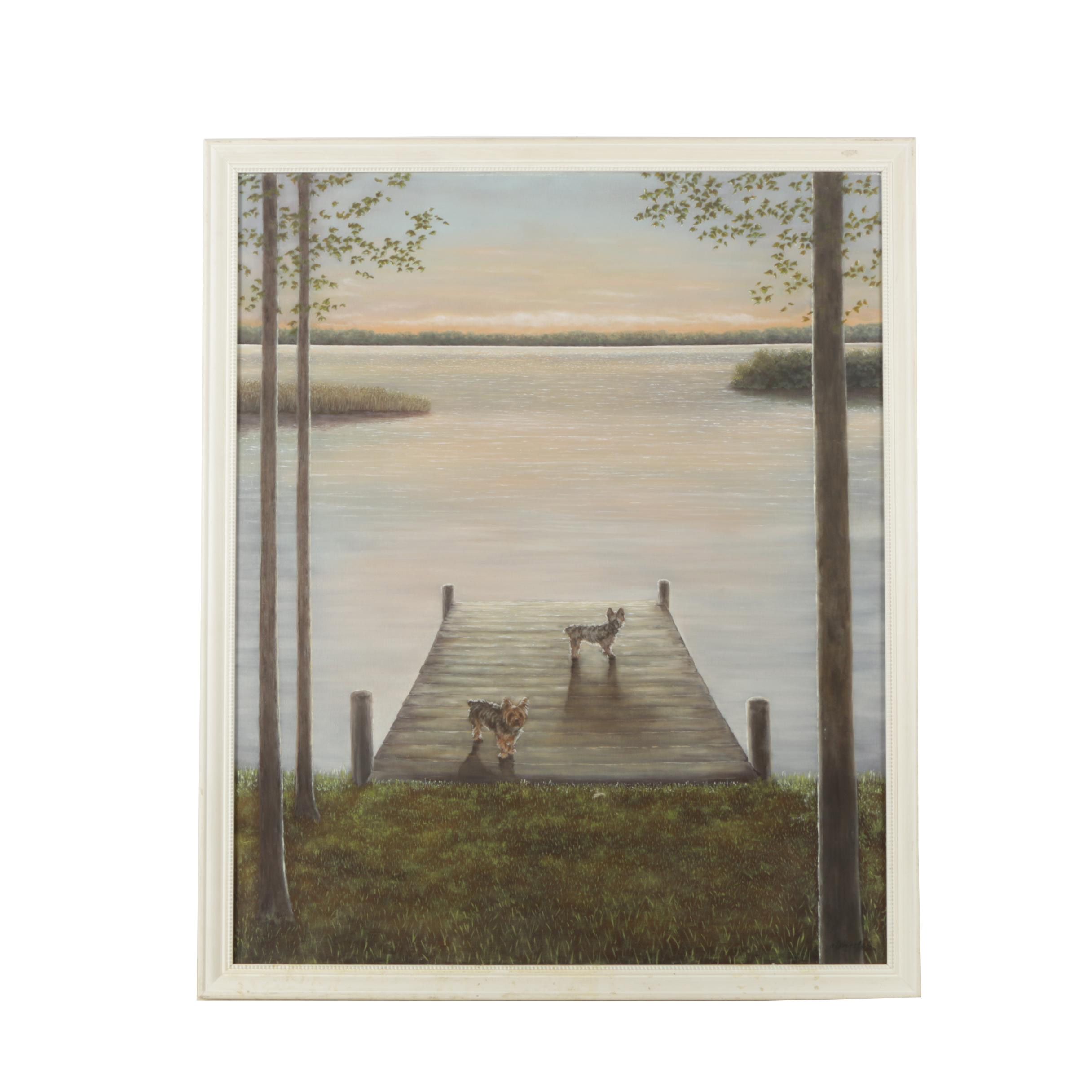 Amanda "Alengels" Engels Oil Painting on Canvas of Dogs on a Dock