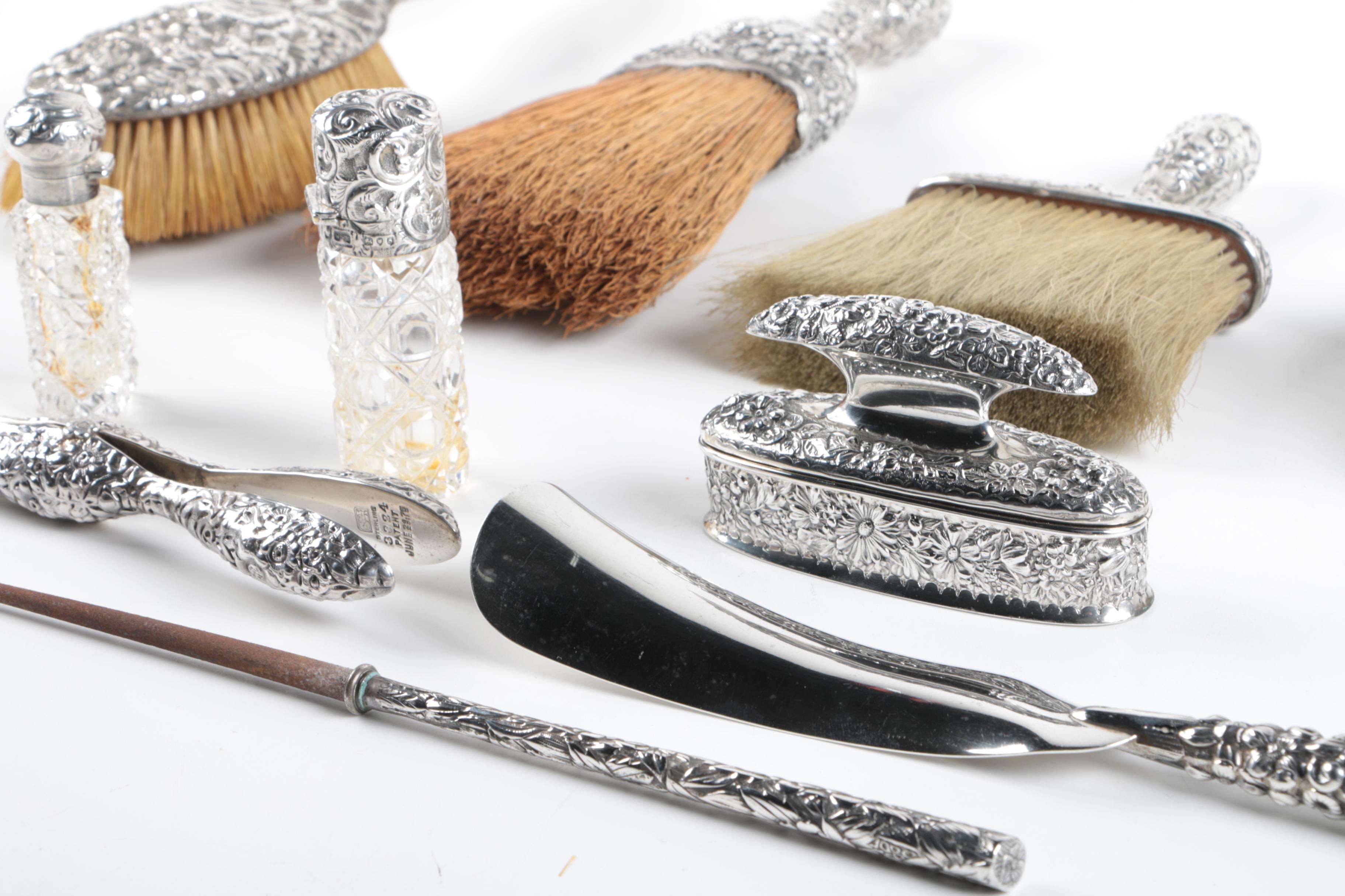 1893 William Stringer Mills London Powder Jar with Other Sterling Vanity Items