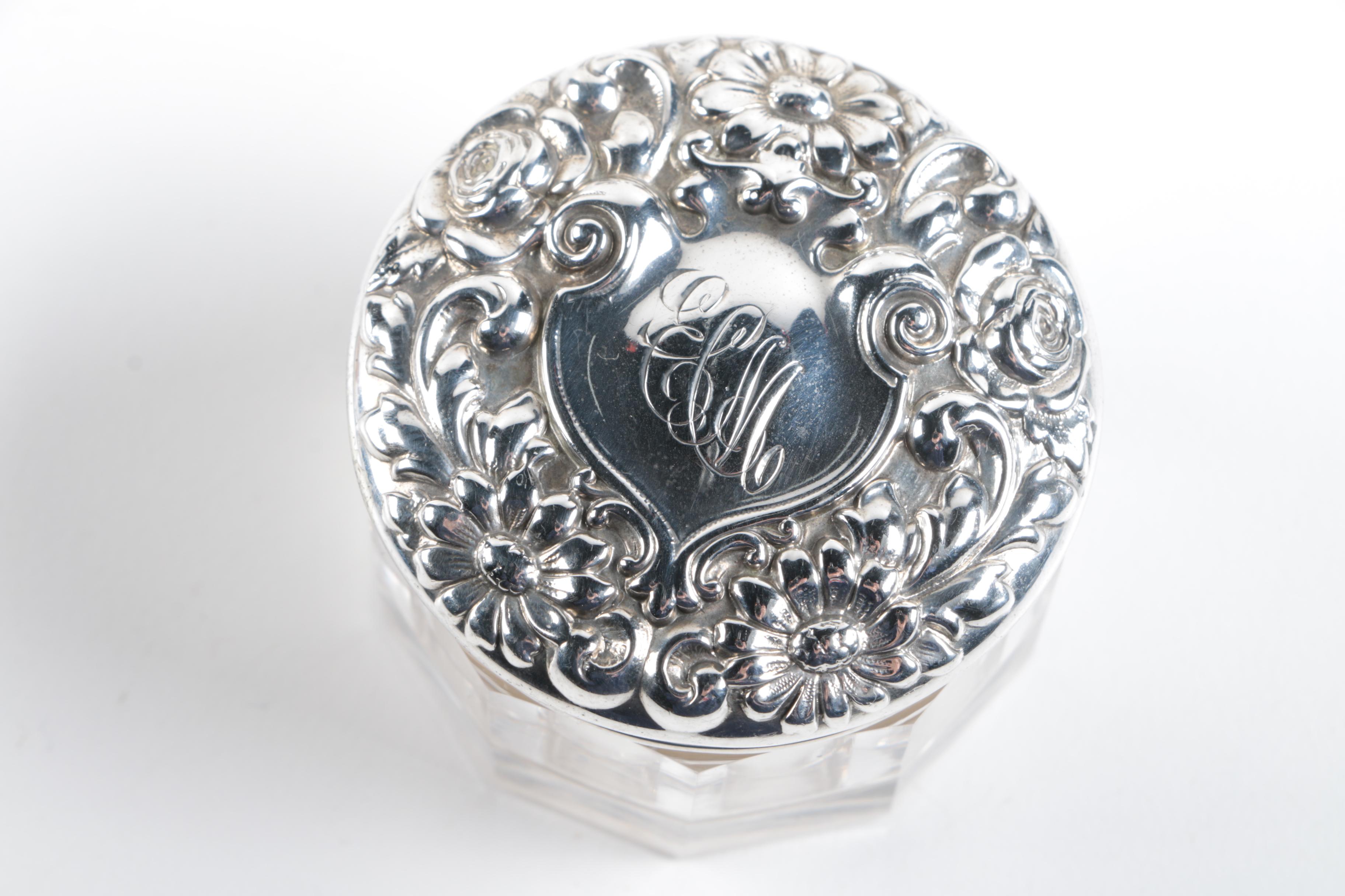 1893 William Stringer Mills London Powder Jar with Other Sterling Vanity Items