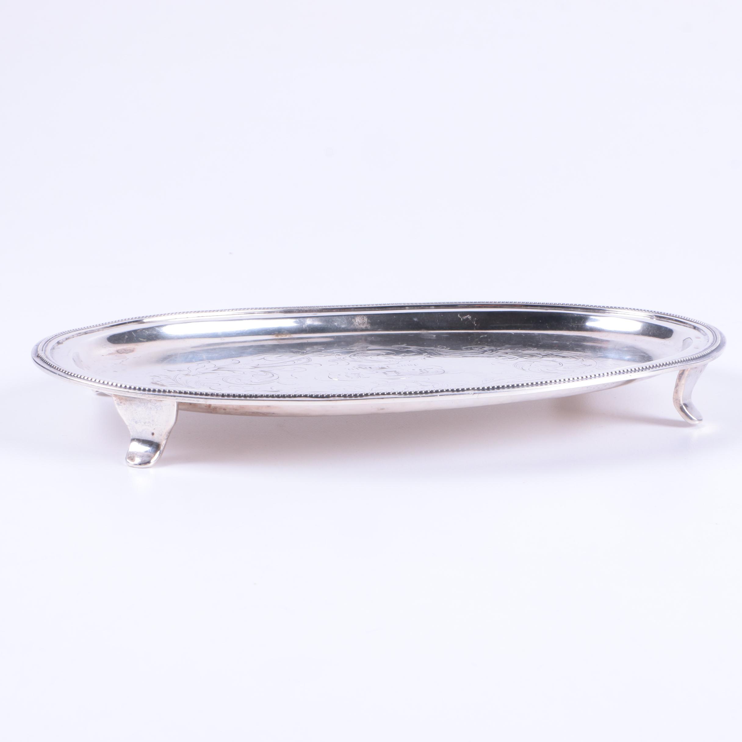 Antique Engraved Sterling Silver Salver with Beaded Rim