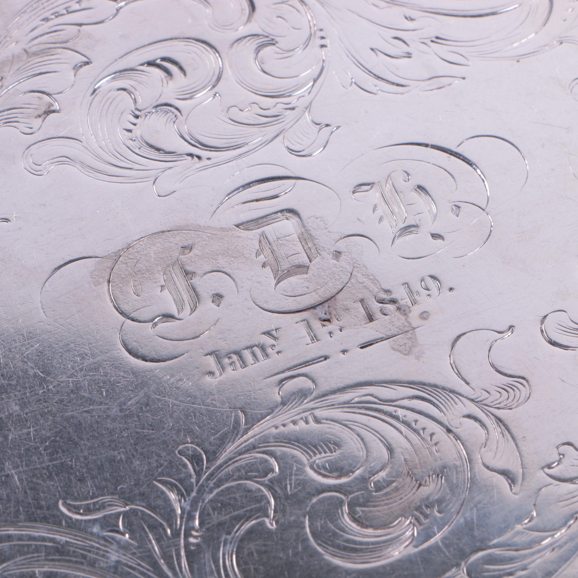 Antique Engraved Sterling Silver Salver with Beaded Rim