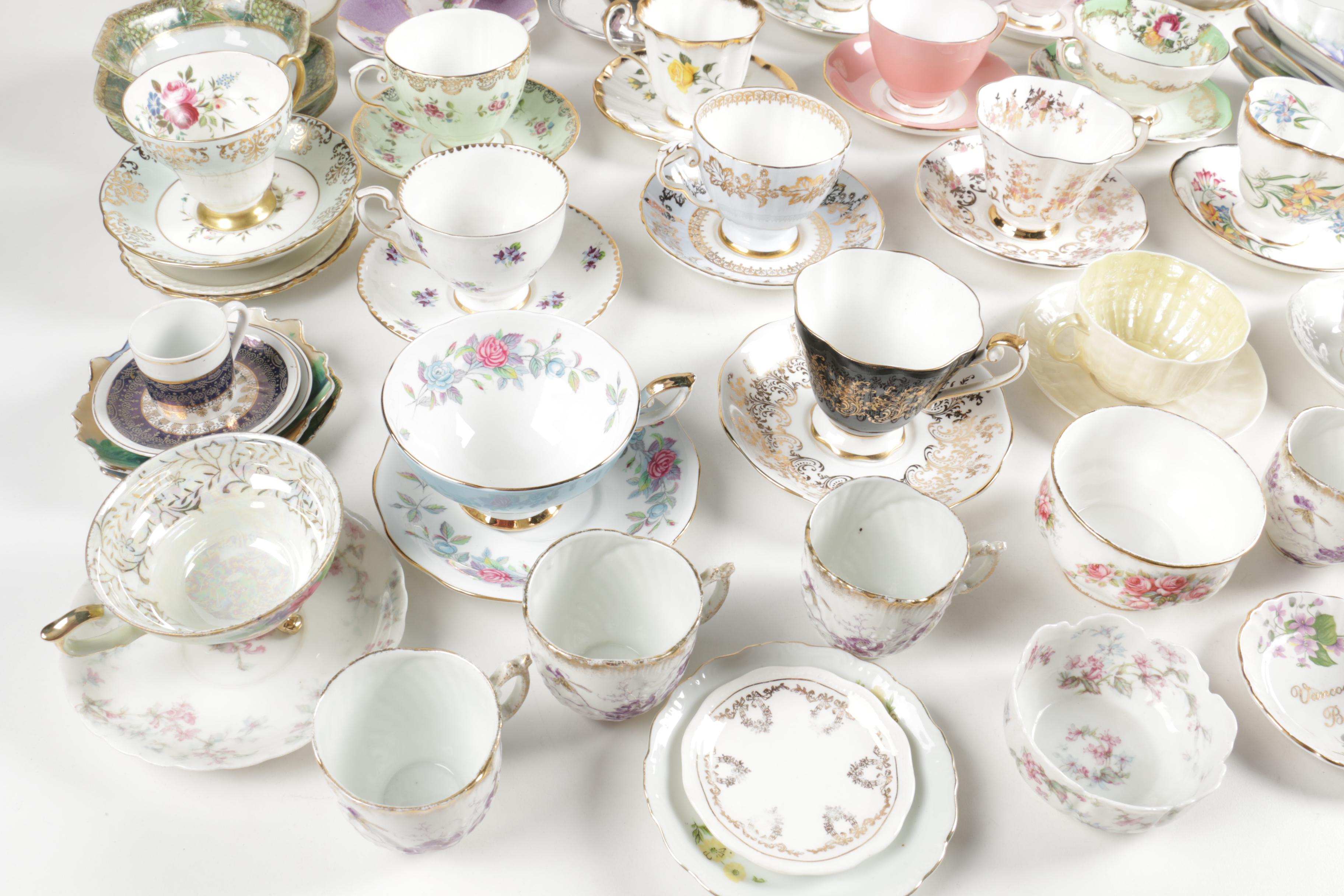 Ceramic Cup, Saucer, and Plate Assortment Including Belleek