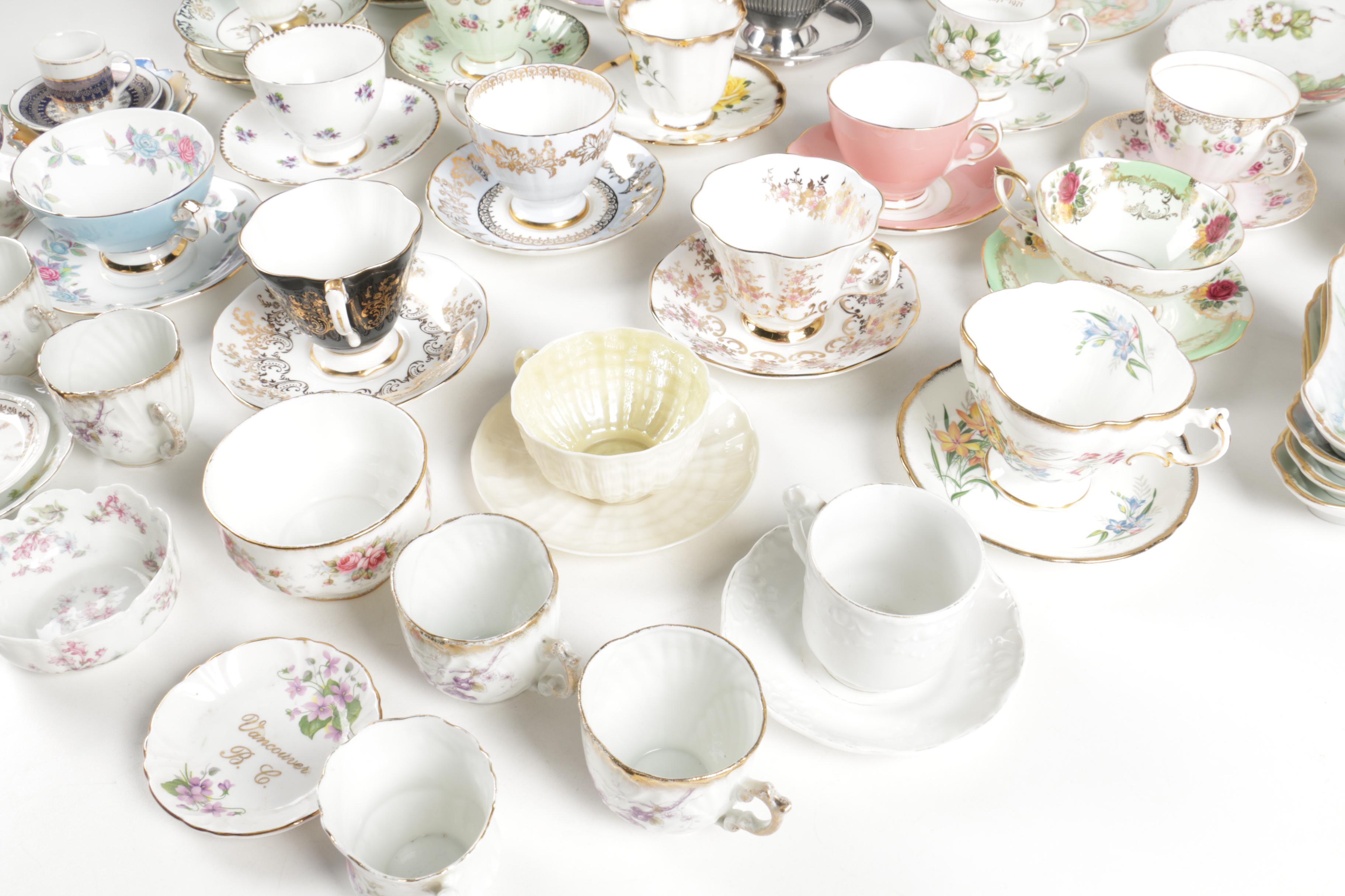 Ceramic Cup, Saucer, and Plate Assortment Including Belleek