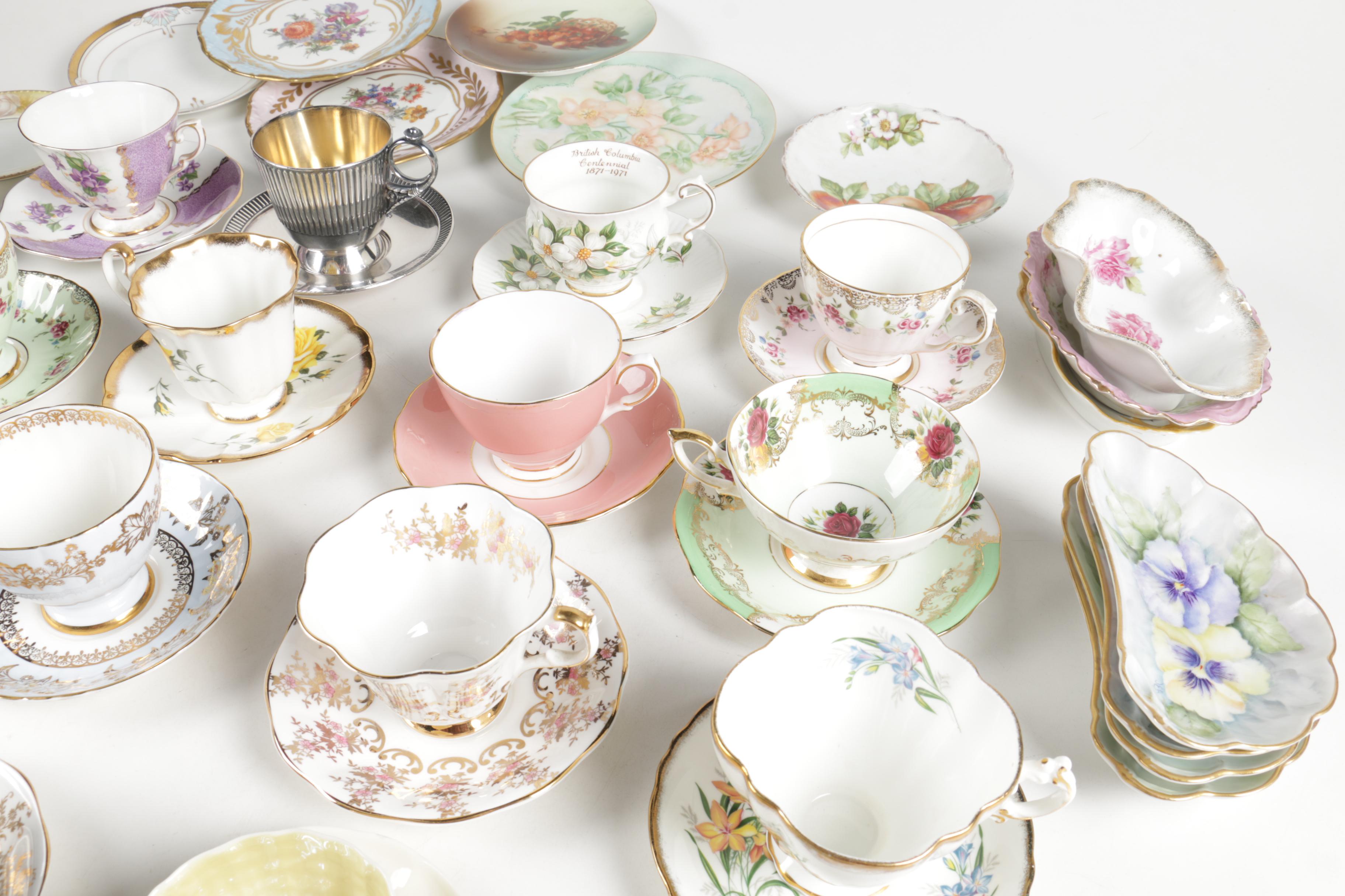 Ceramic Cup, Saucer, and Plate Assortment Including Belleek