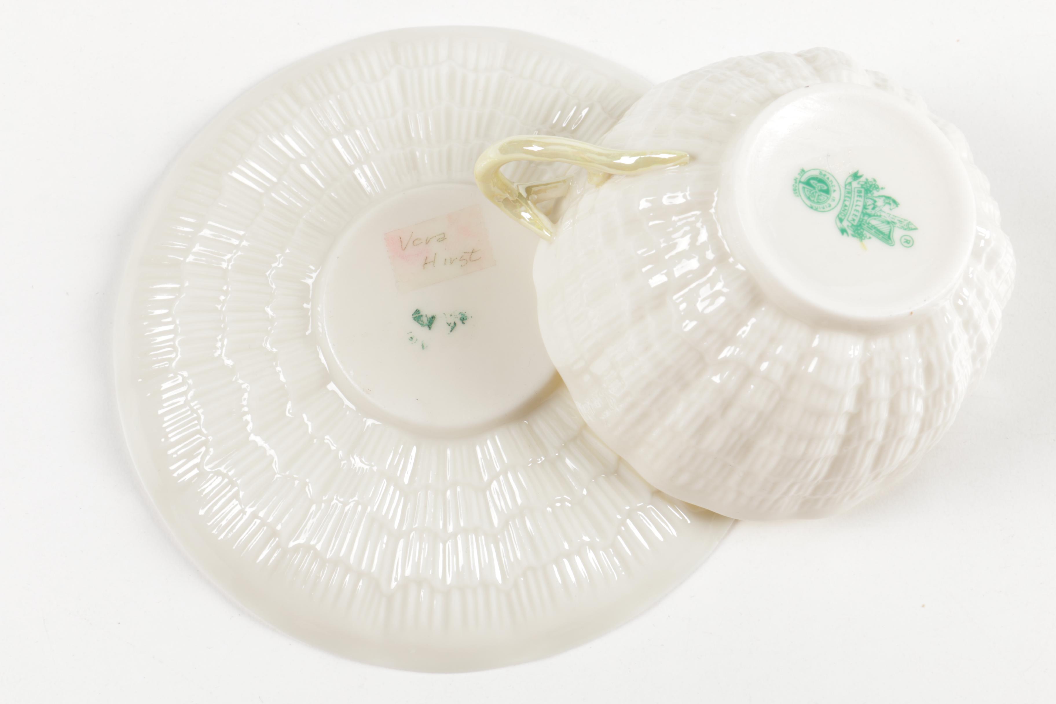 Ceramic Cup, Saucer, and Plate Assortment Including Belleek