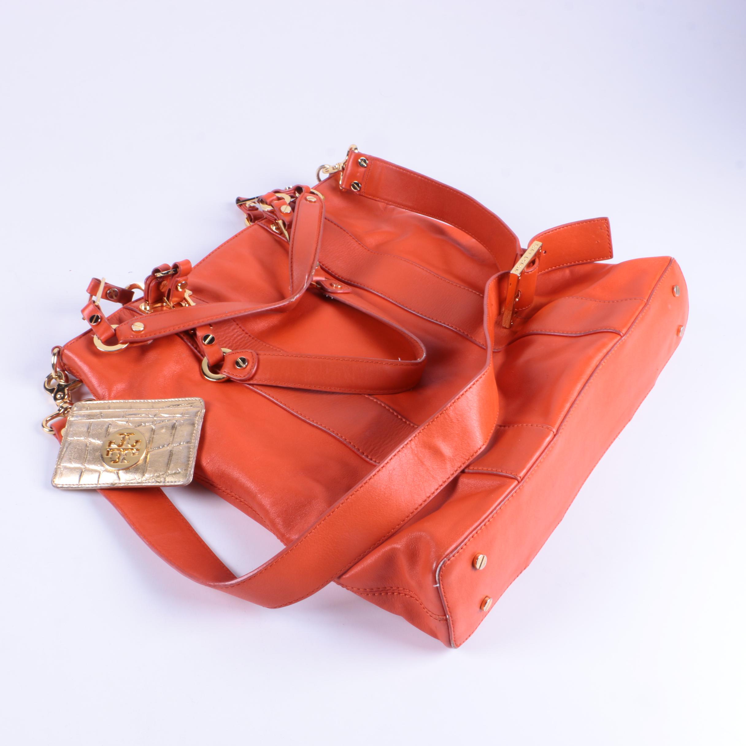 Tory Burch Tangerine Leather Tote with Card Case