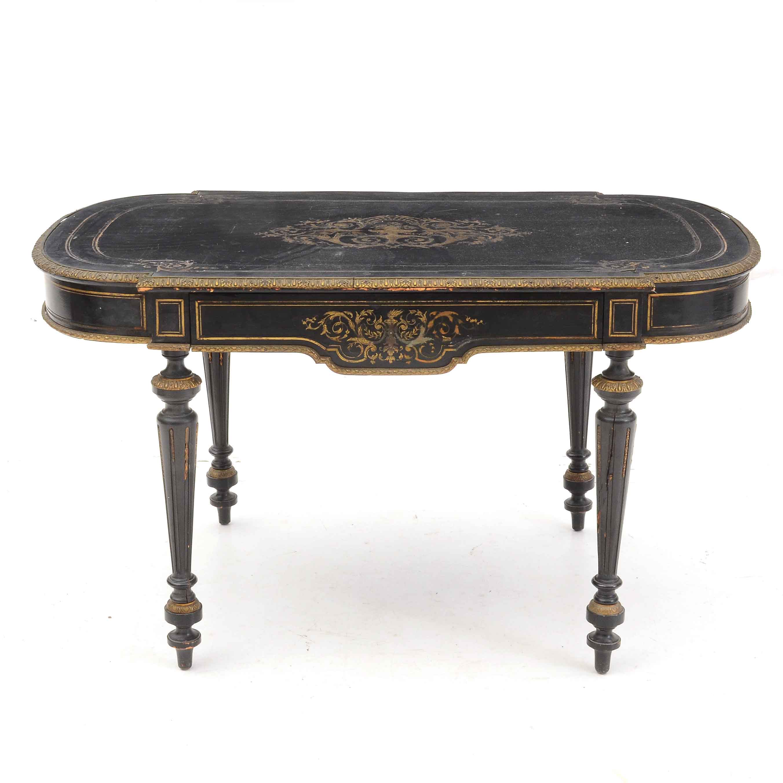 Antique French Ebonized Library Table with Brass Inlay