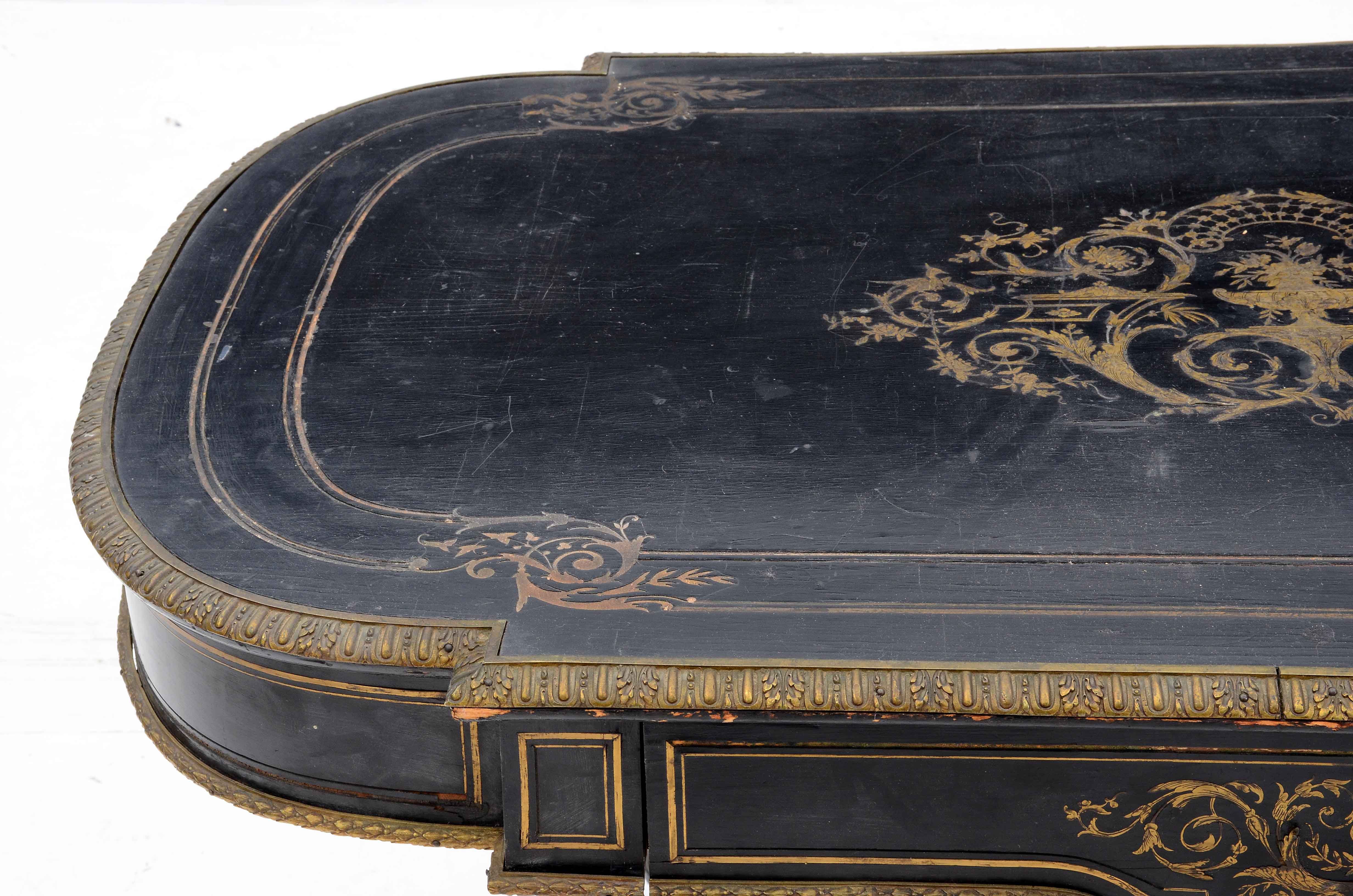 Antique French Ebonized Library Table with Brass Inlay