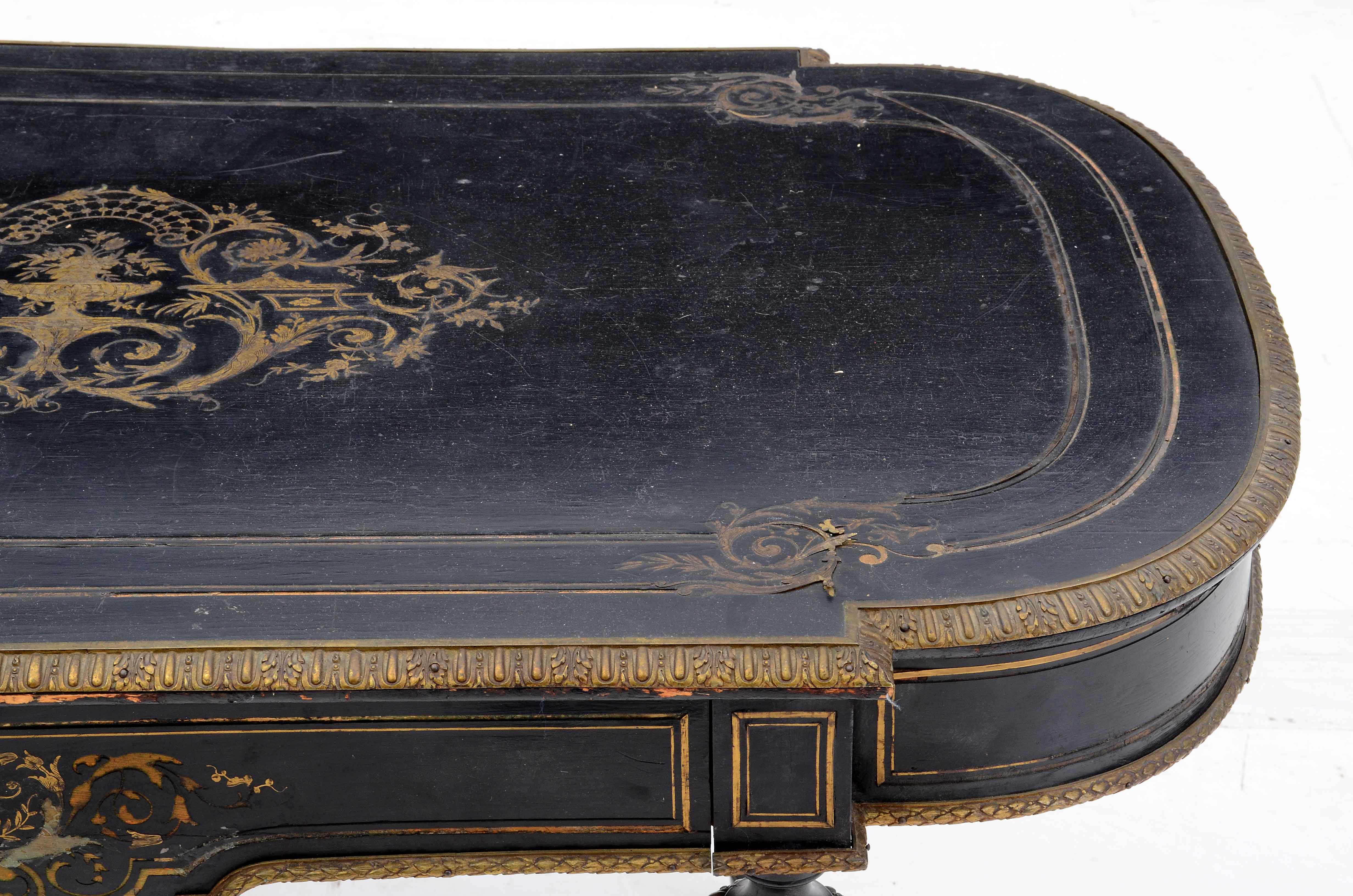 Antique French Ebonized Library Table with Brass Inlay