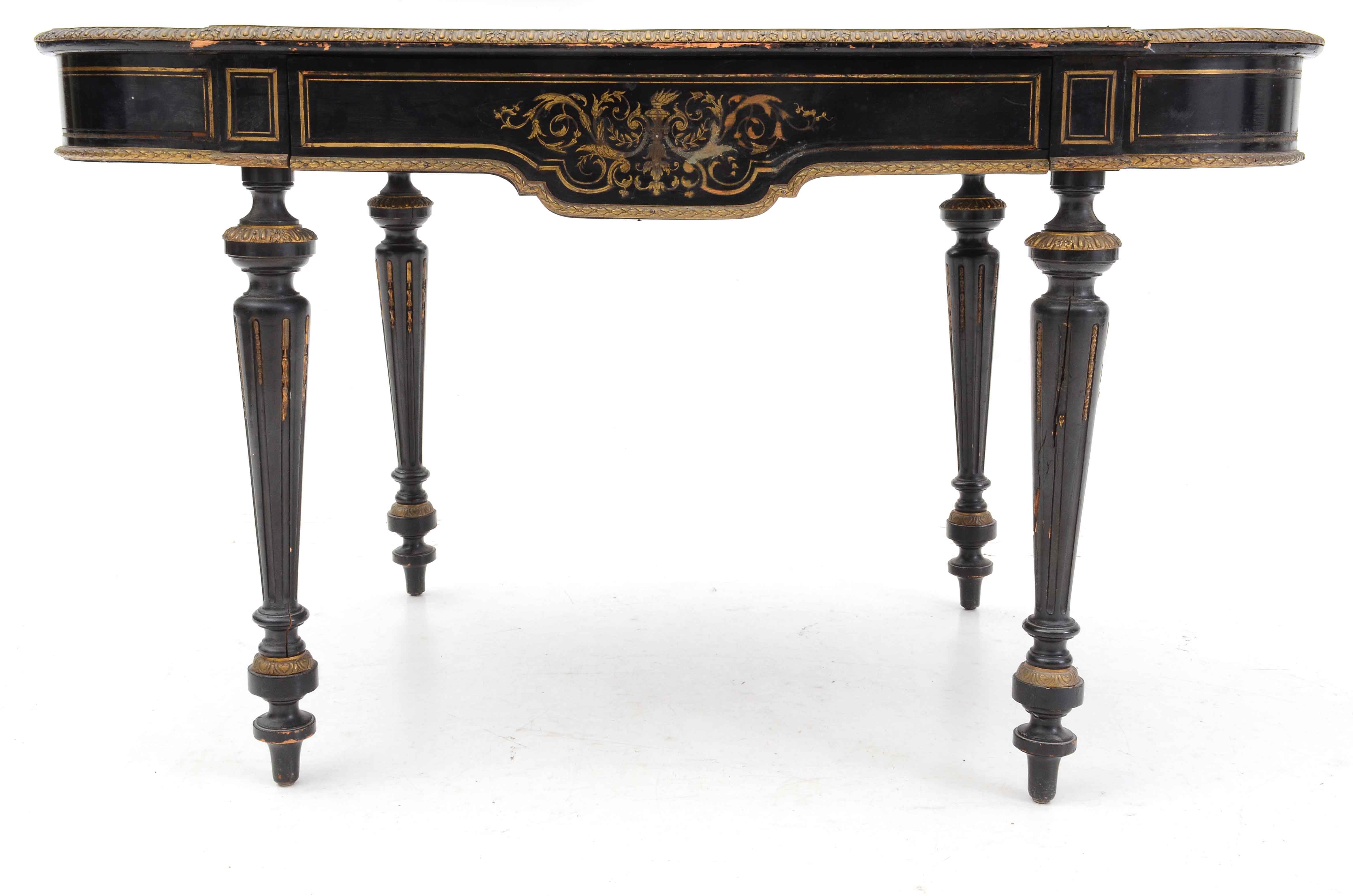 Antique French Ebonized Library Table with Brass Inlay