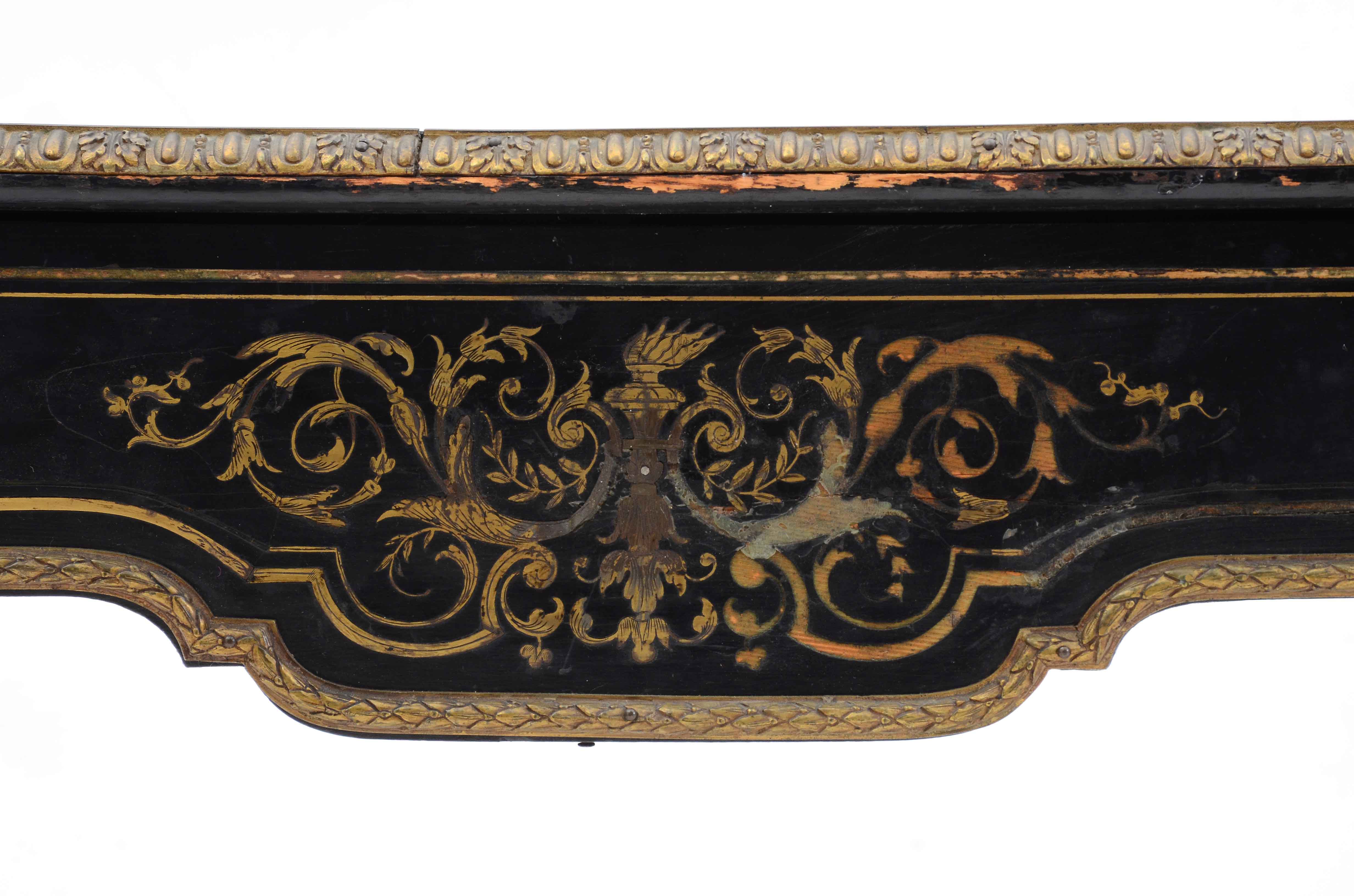 Antique French Ebonized Library Table with Brass Inlay