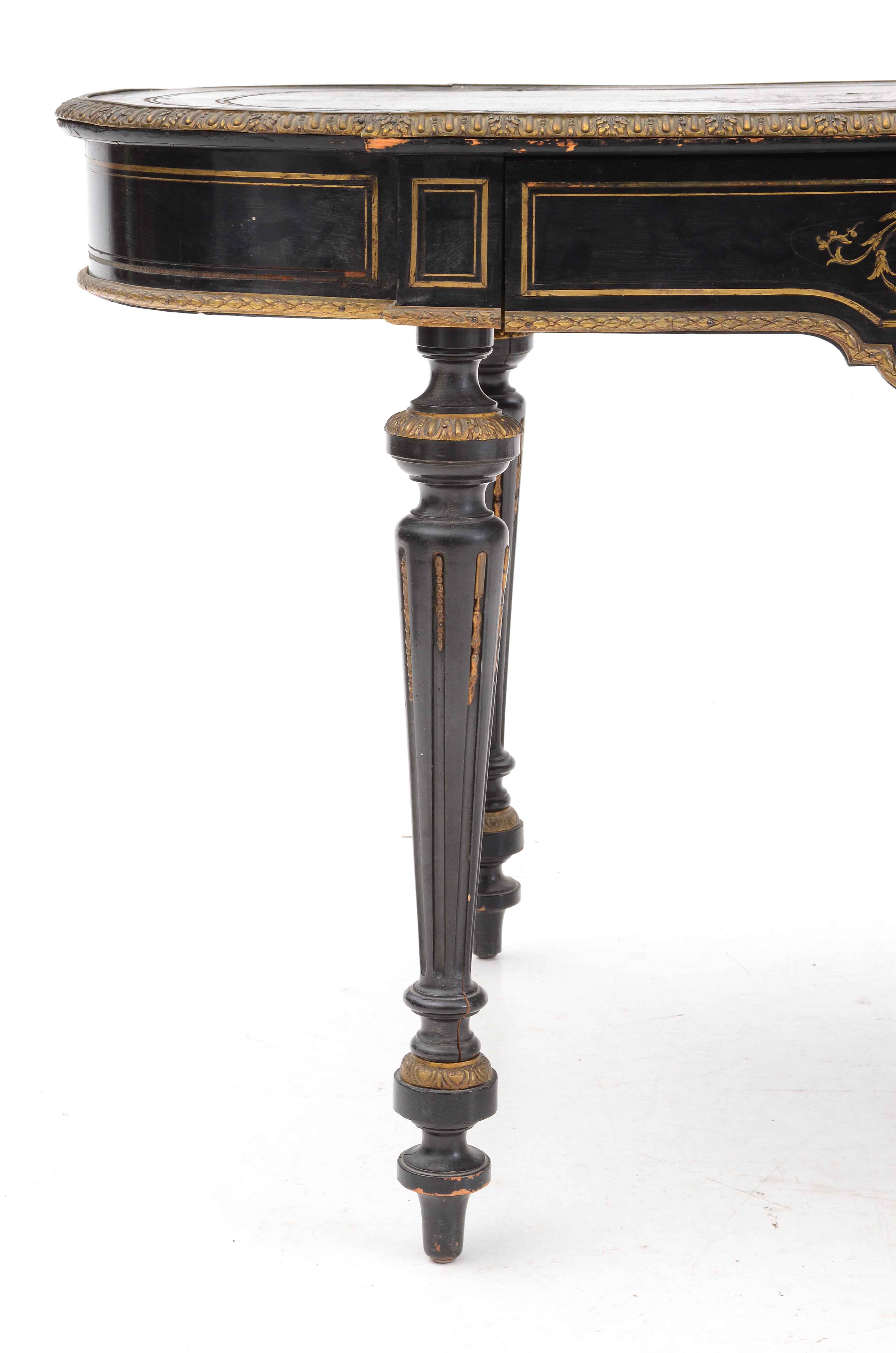 Antique French Ebonized Library Table with Brass Inlay