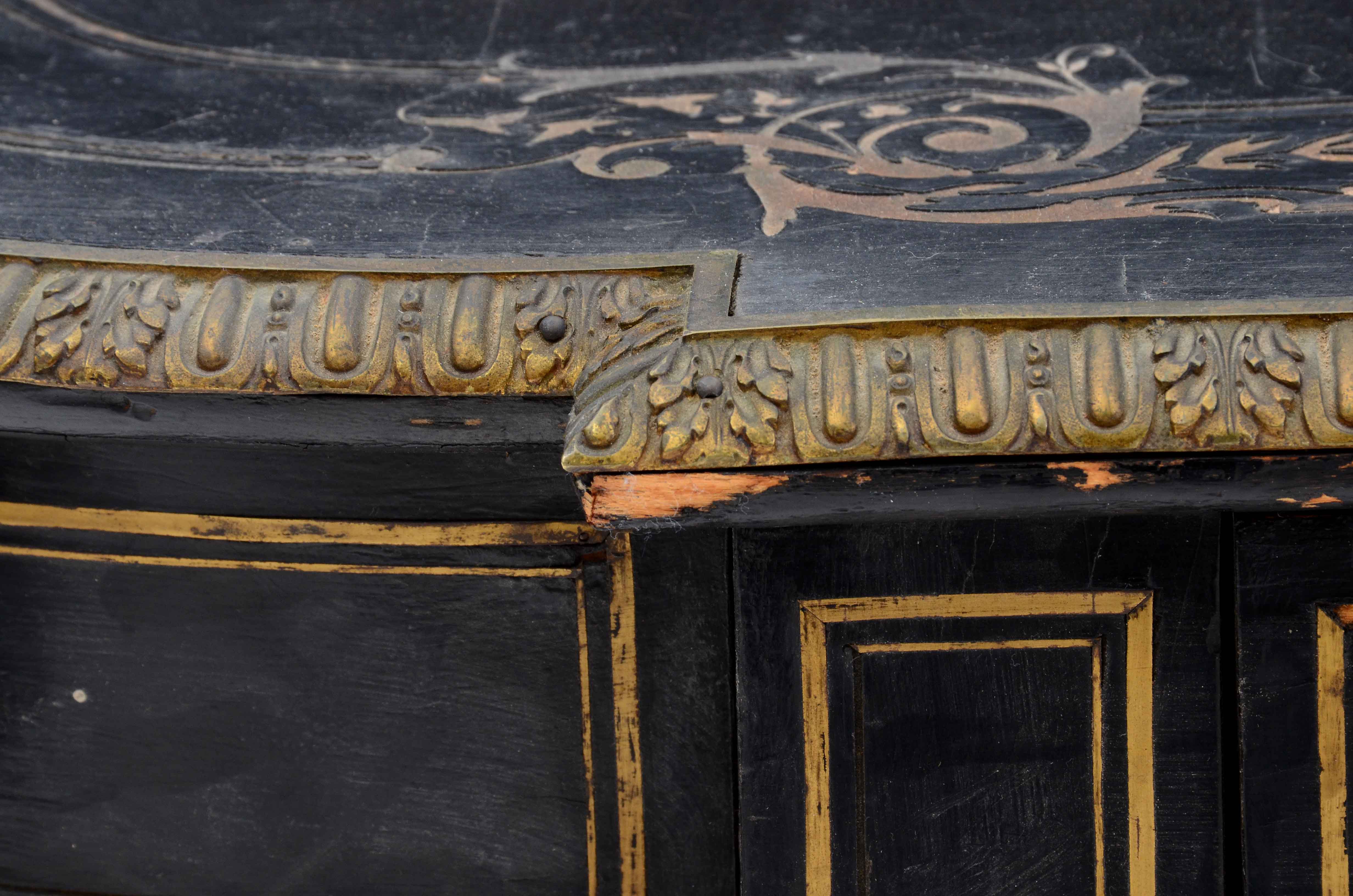 Antique French Ebonized Library Table with Brass Inlay