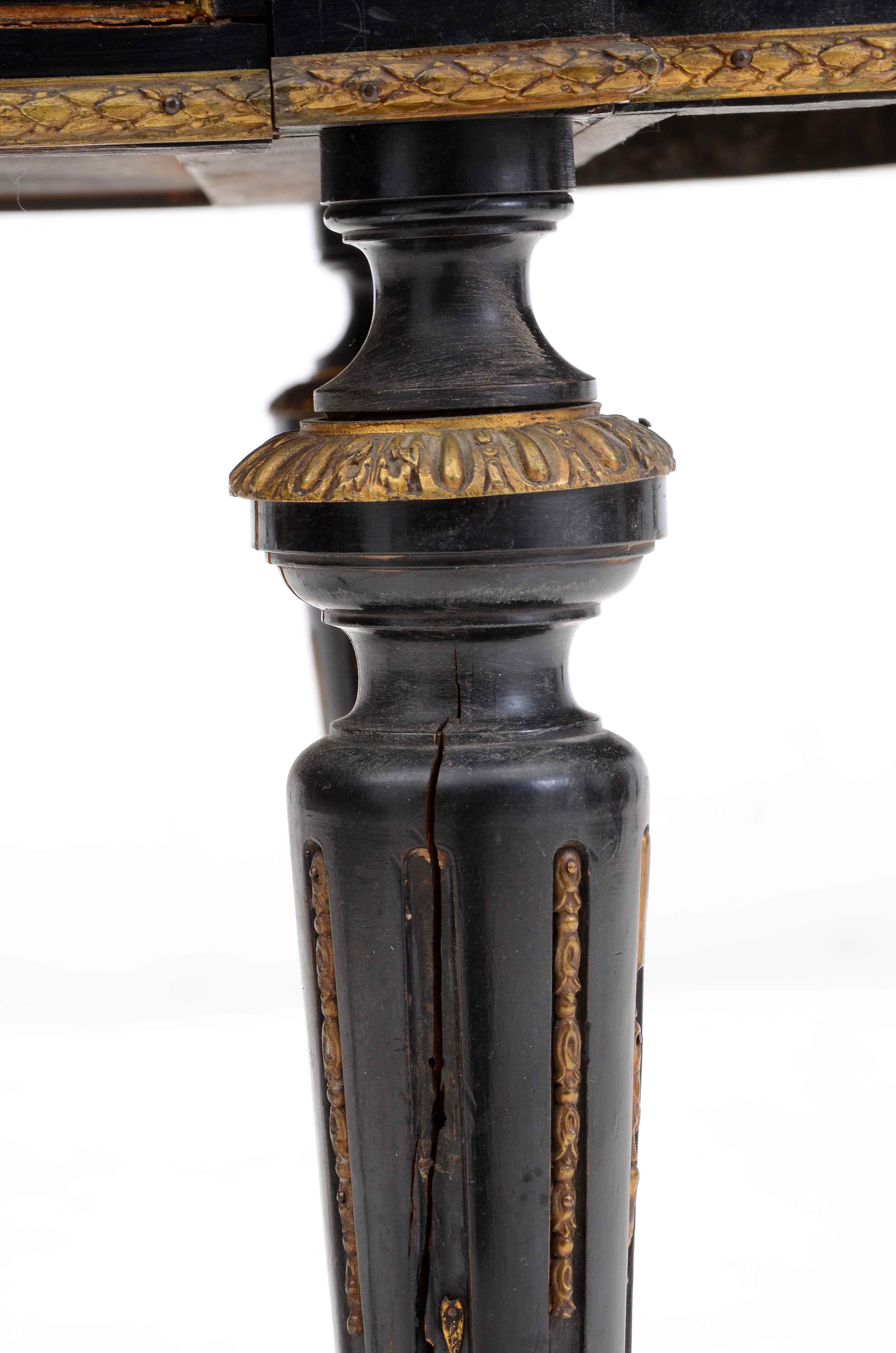 Antique French Ebonized Library Table with Brass Inlay