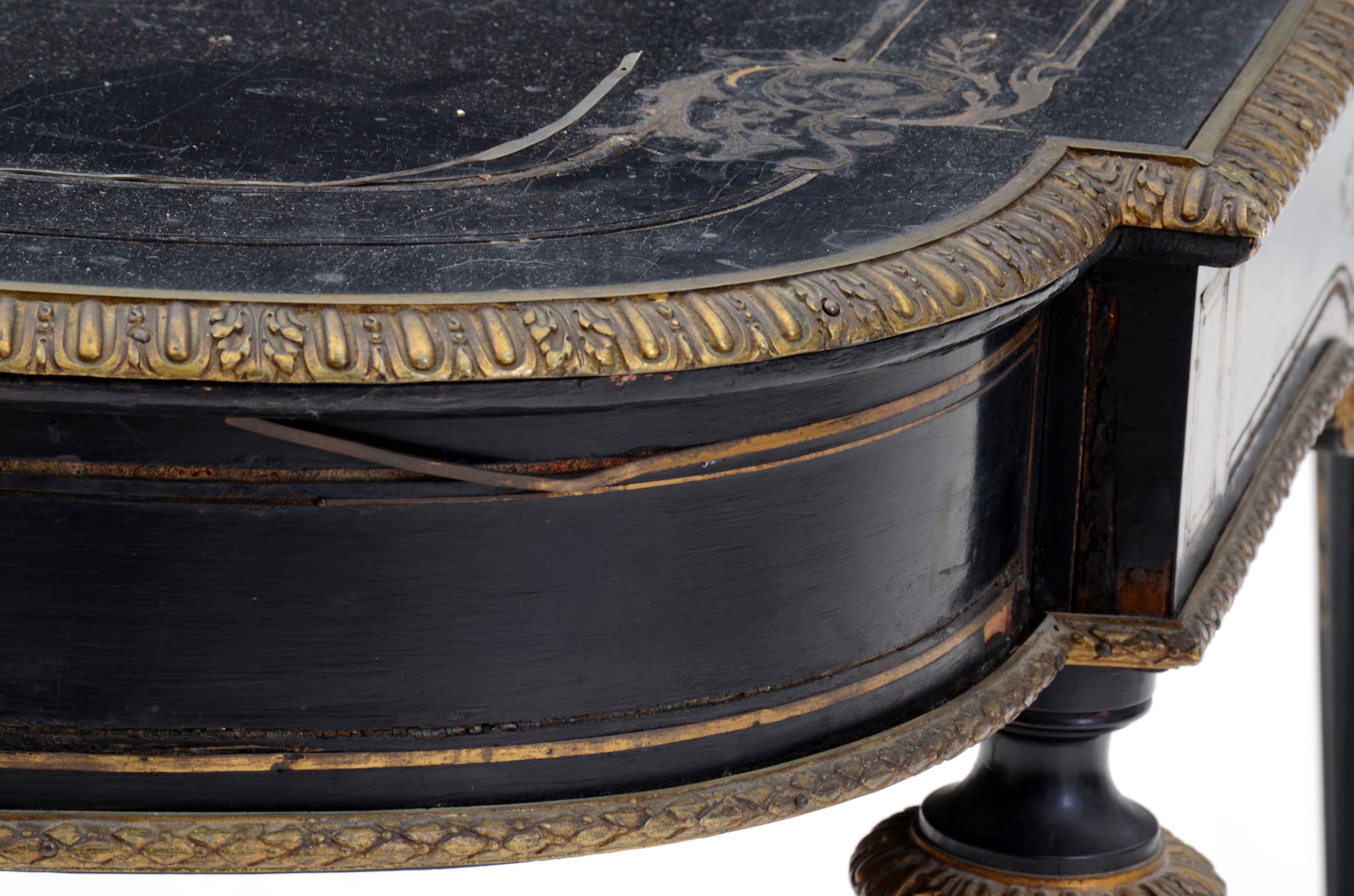 Antique French Ebonized Library Table with Brass Inlay