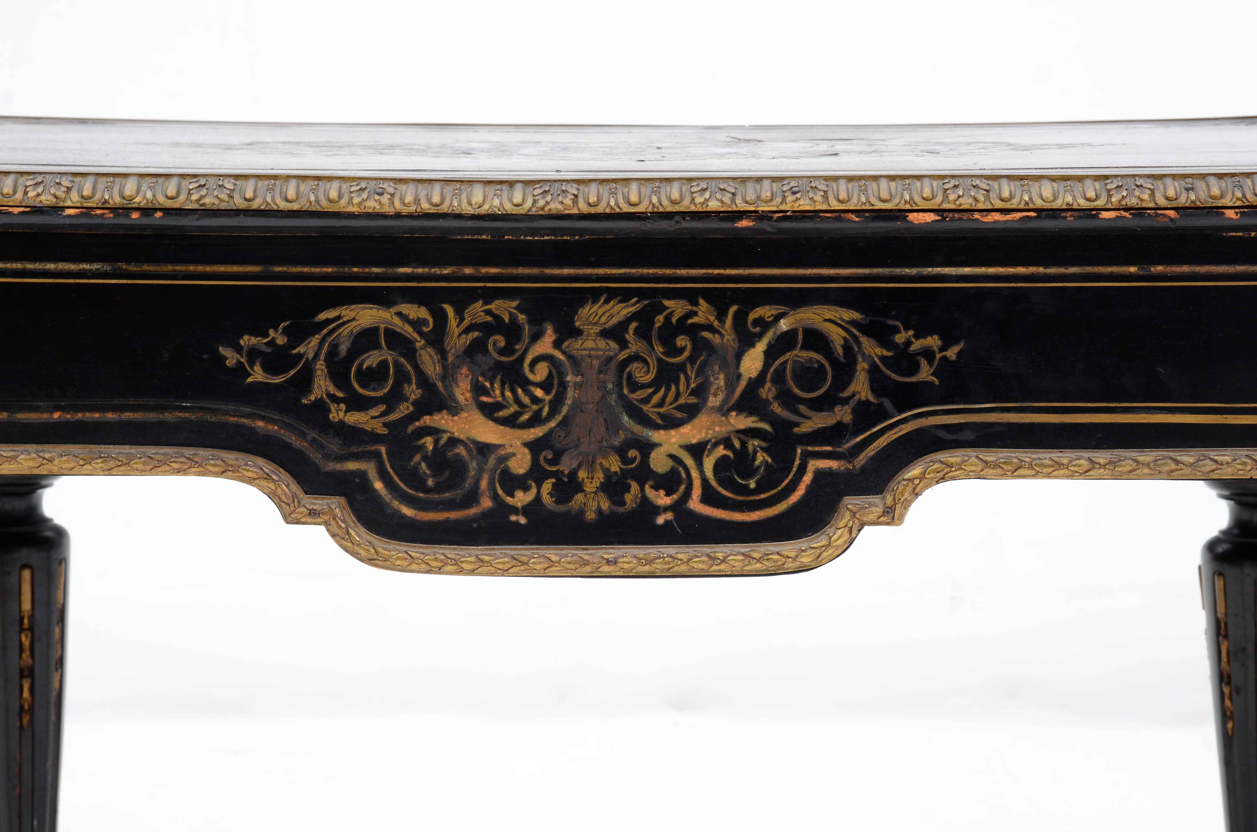 Antique French Ebonized Library Table with Brass Inlay